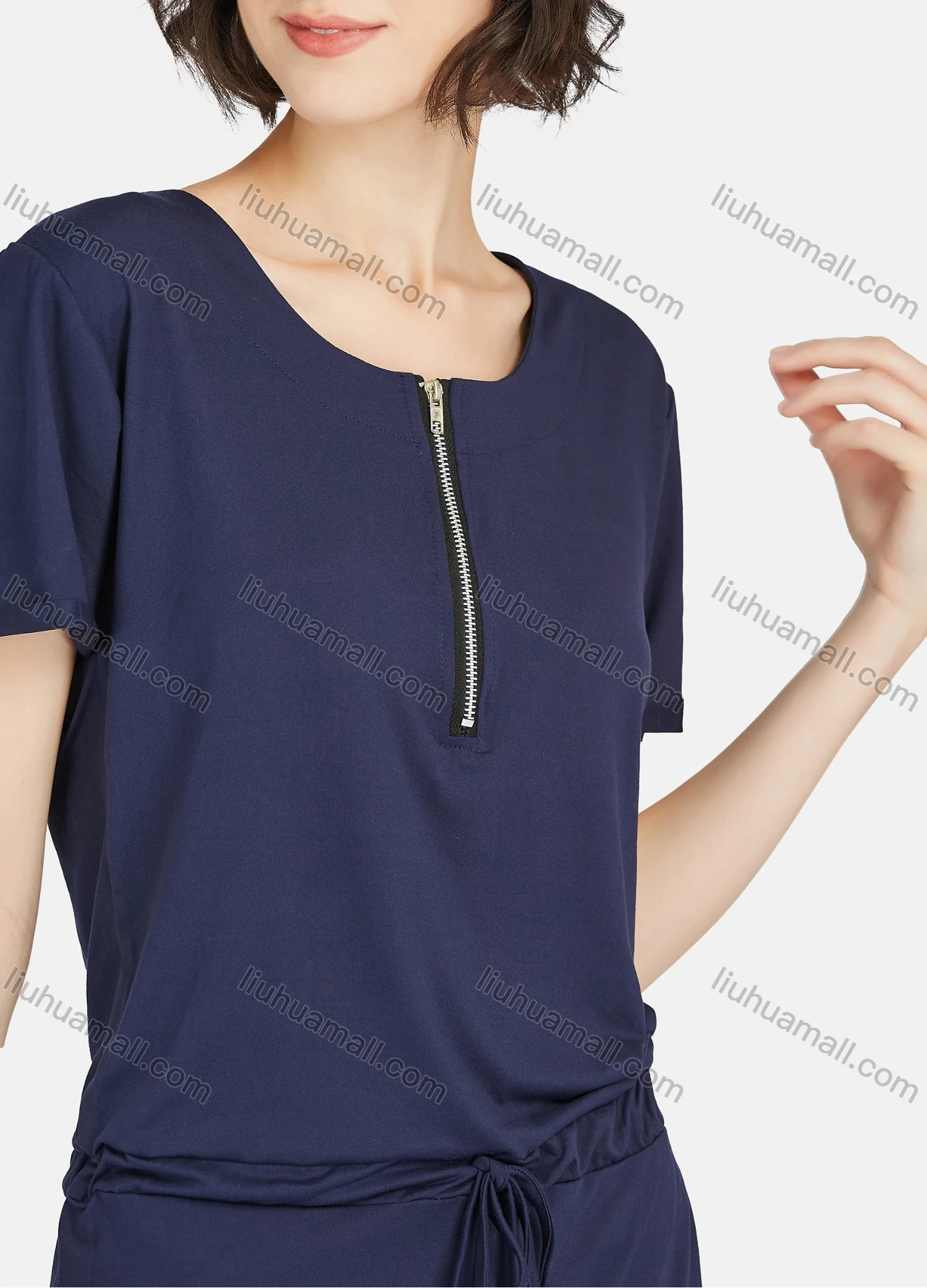 Wholesale Women's Plain Quarter Zip Short Sleeve Drawstring Lounge Shorts Romper Pajamas A24# - Liuhuamall