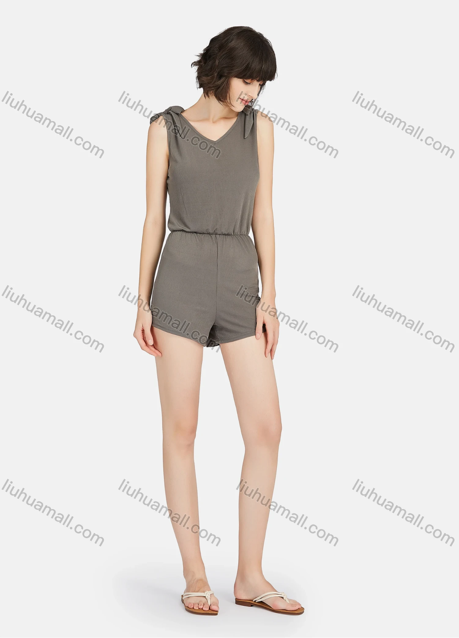 Wholesale Women's Casual Plain Knotted Strap V Neck Tank Short Romper Pajamas A26# - Liuhuamall