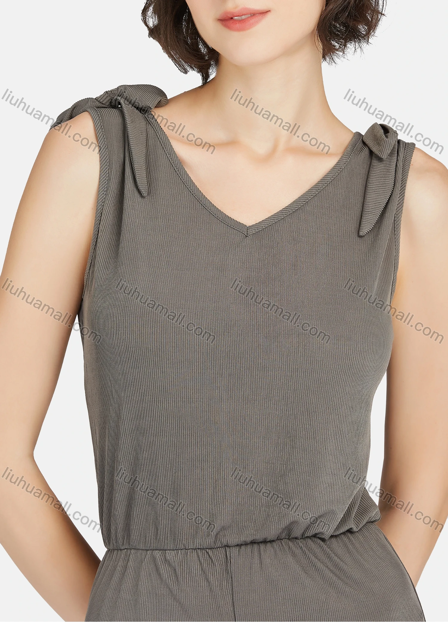 Wholesale Women's Casual Plain Knotted Strap V Neck Tank Short Romper Pajamas A26# - Liuhuamall