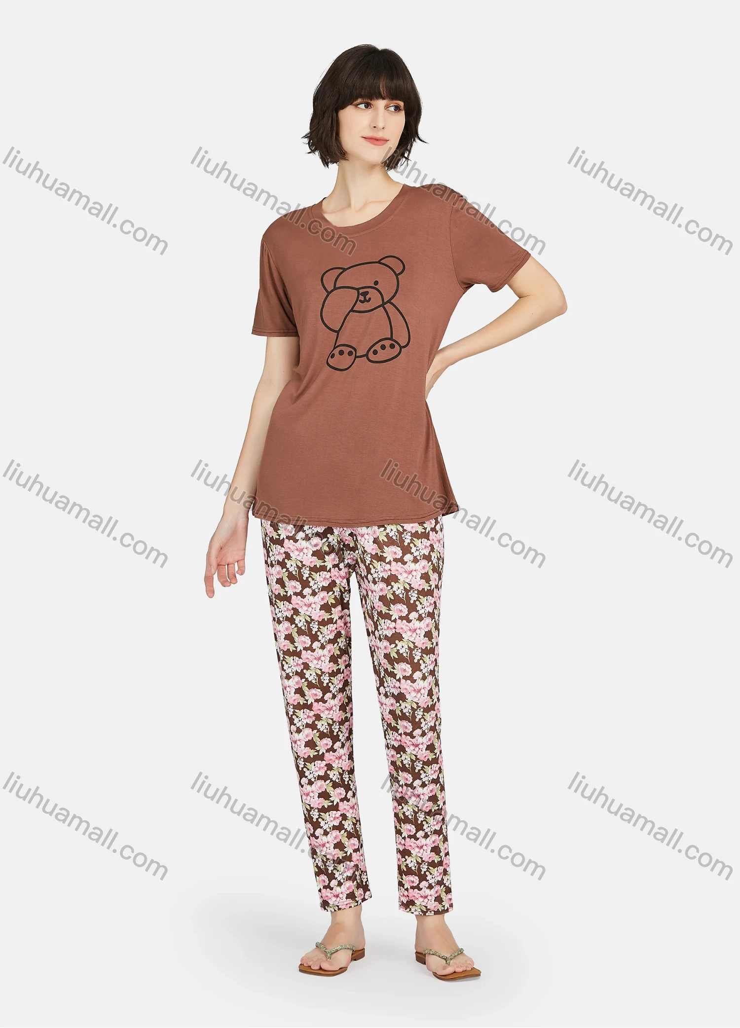 Wholesale Women's Cartoon Bear Print Short Sleeve Tee & Floral Print Pants 2 Piece Lounge Pajamas Set A16# - Liuhuamall