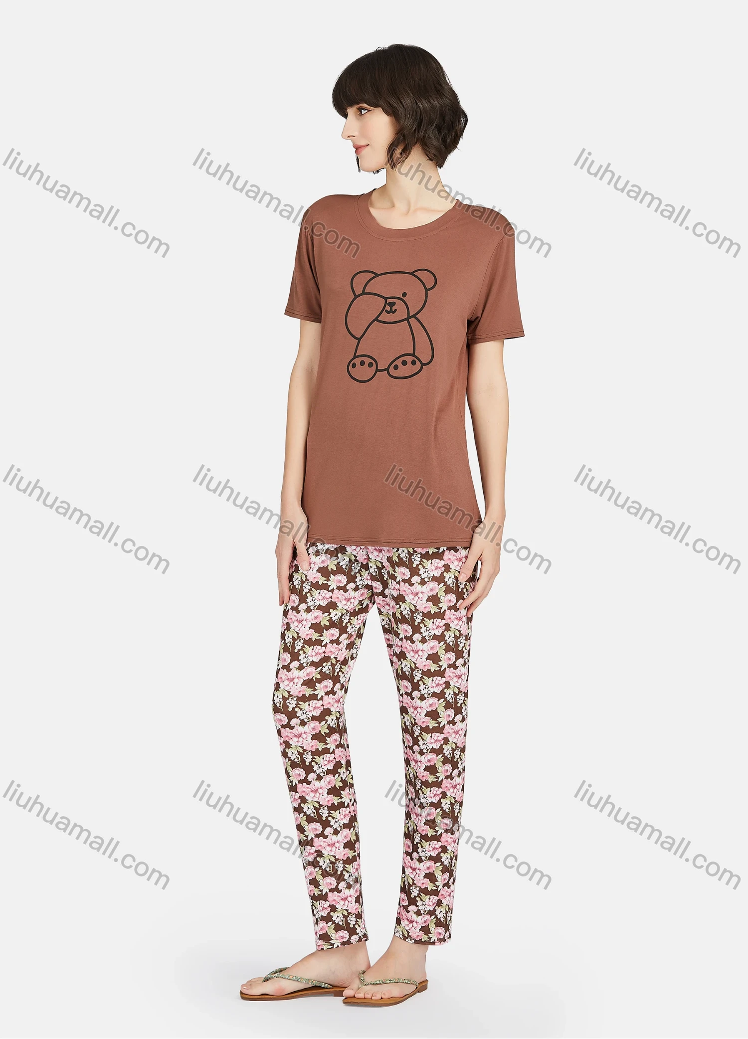 Wholesale Women's Cartoon Bear Print Short Sleeve Tee & Floral Print Pants 2 Piece Lounge Pajamas Set A16# - Liuhuamall