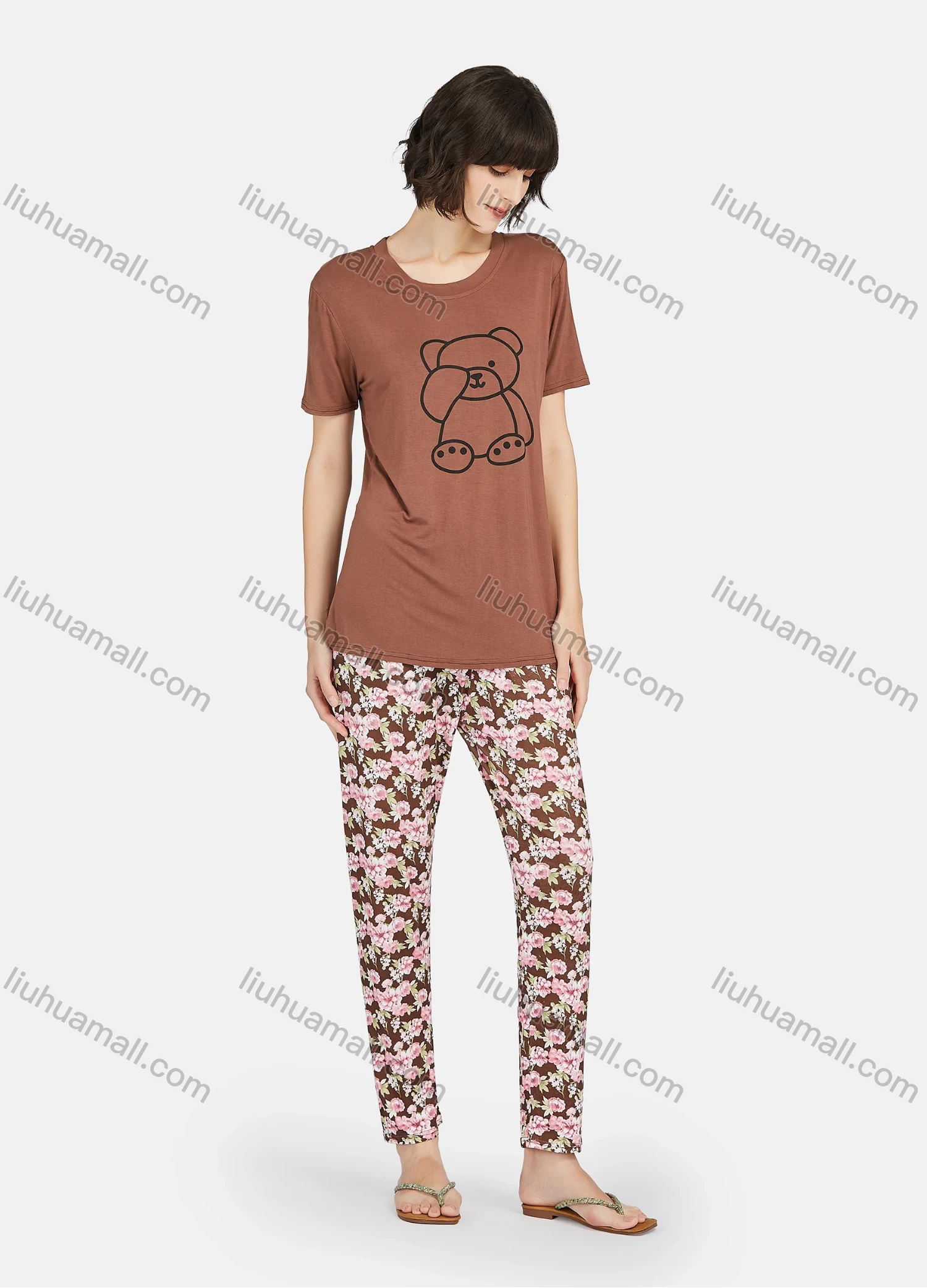 Wholesale Women's Cartoon Bear Print Short Sleeve Tee & Floral Print Pants 2 Piece Lounge Pajamas Set A16# - Liuhuamall