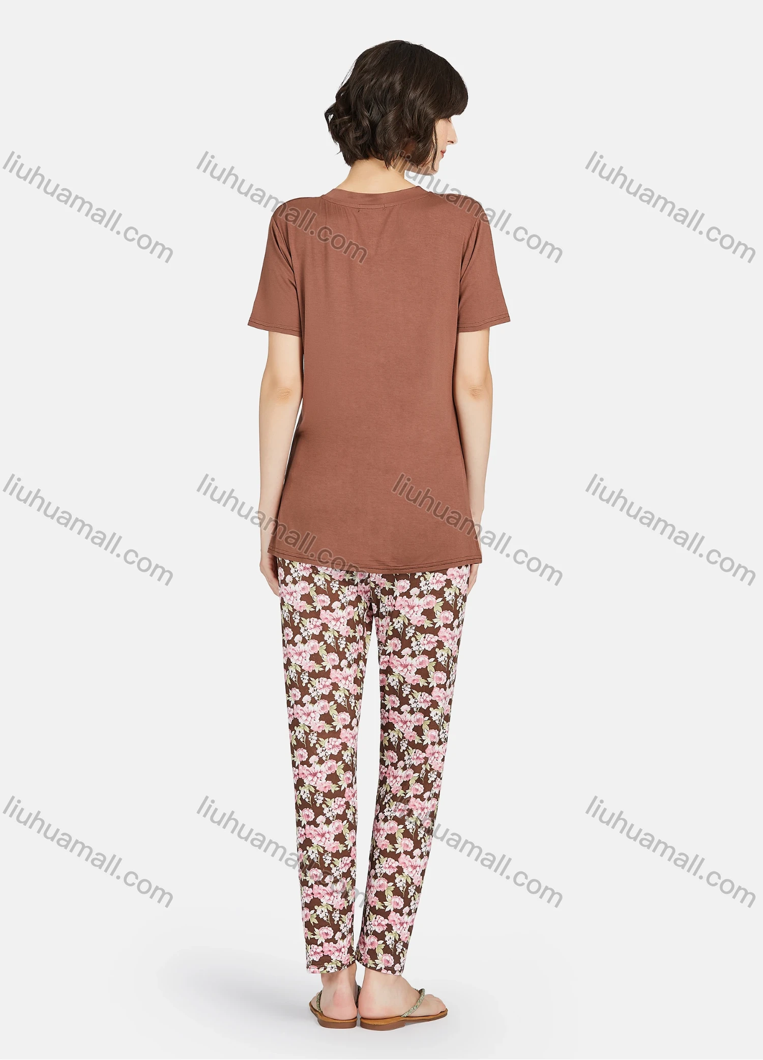 Wholesale Women's Cartoon Bear Print Short Sleeve Tee & Floral Print Pants 2 Piece Lounge Pajamas Set A16# - Liuhuamall