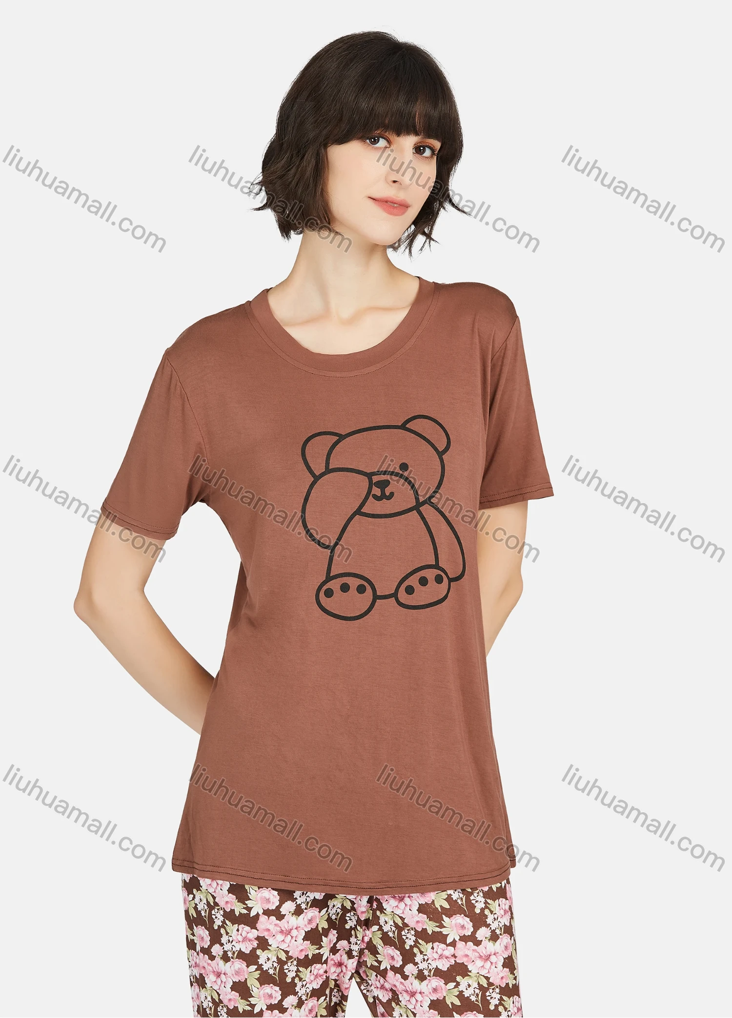 Wholesale Women's Cartoon Bear Print Short Sleeve Tee & Floral Print Pants 2 Piece Lounge Pajamas Set A16# - Liuhuamall