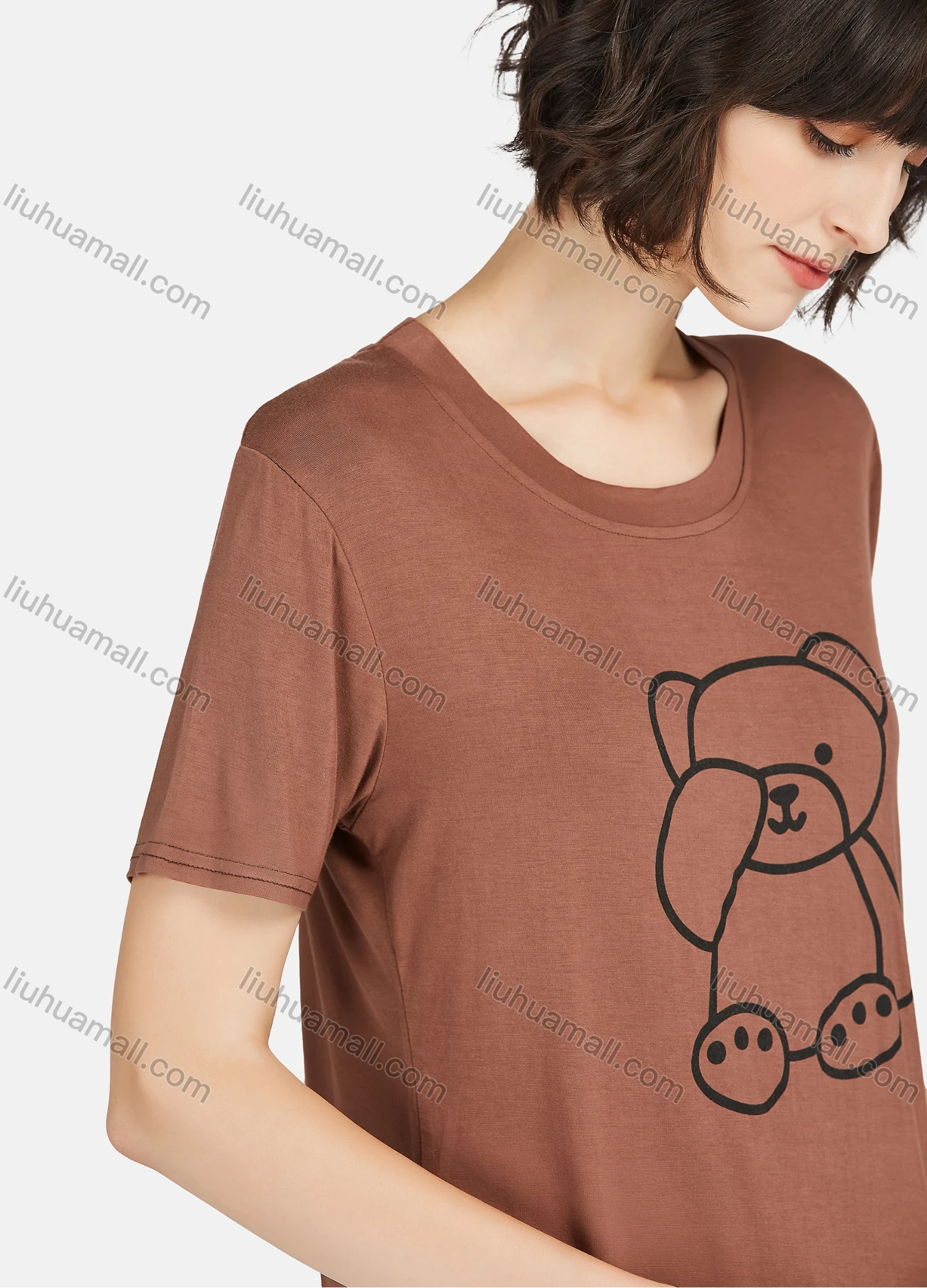 Wholesale Women's Cartoon Bear Print Short Sleeve Tee & Floral Print Pants 2 Piece Lounge Pajamas Set A16# - Liuhuamall