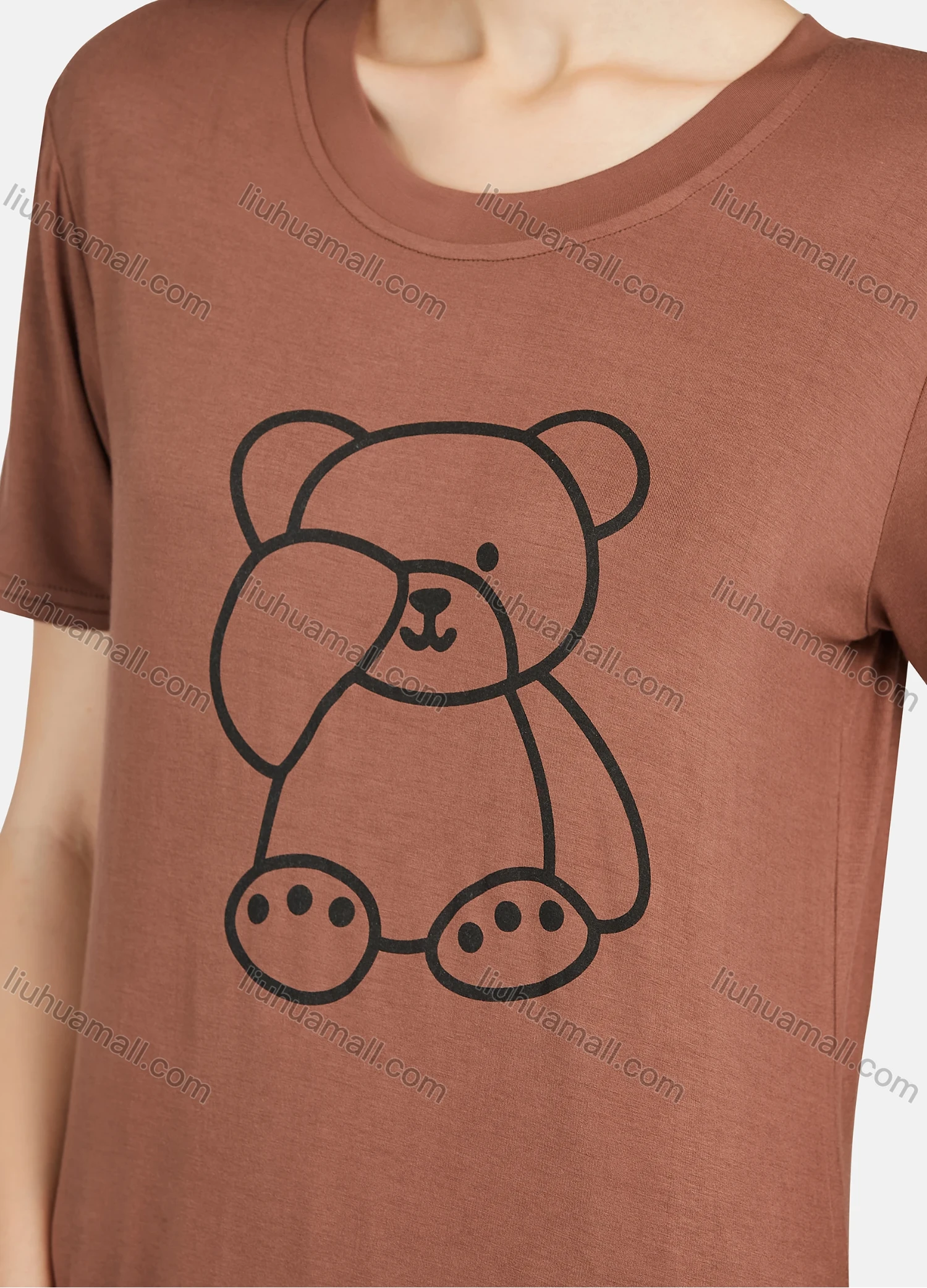 Wholesale Women's Cartoon Bear Print Short Sleeve Tee & Floral Print Pants 2 Piece Lounge Pajamas Set A16# - Liuhuamall