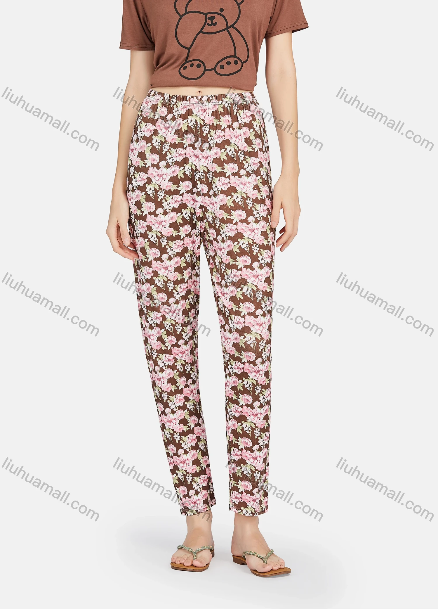 Wholesale Women's Cartoon Bear Print Short Sleeve Tee & Floral Print Pants 2 Piece Lounge Pajamas Set A16# - Liuhuamall