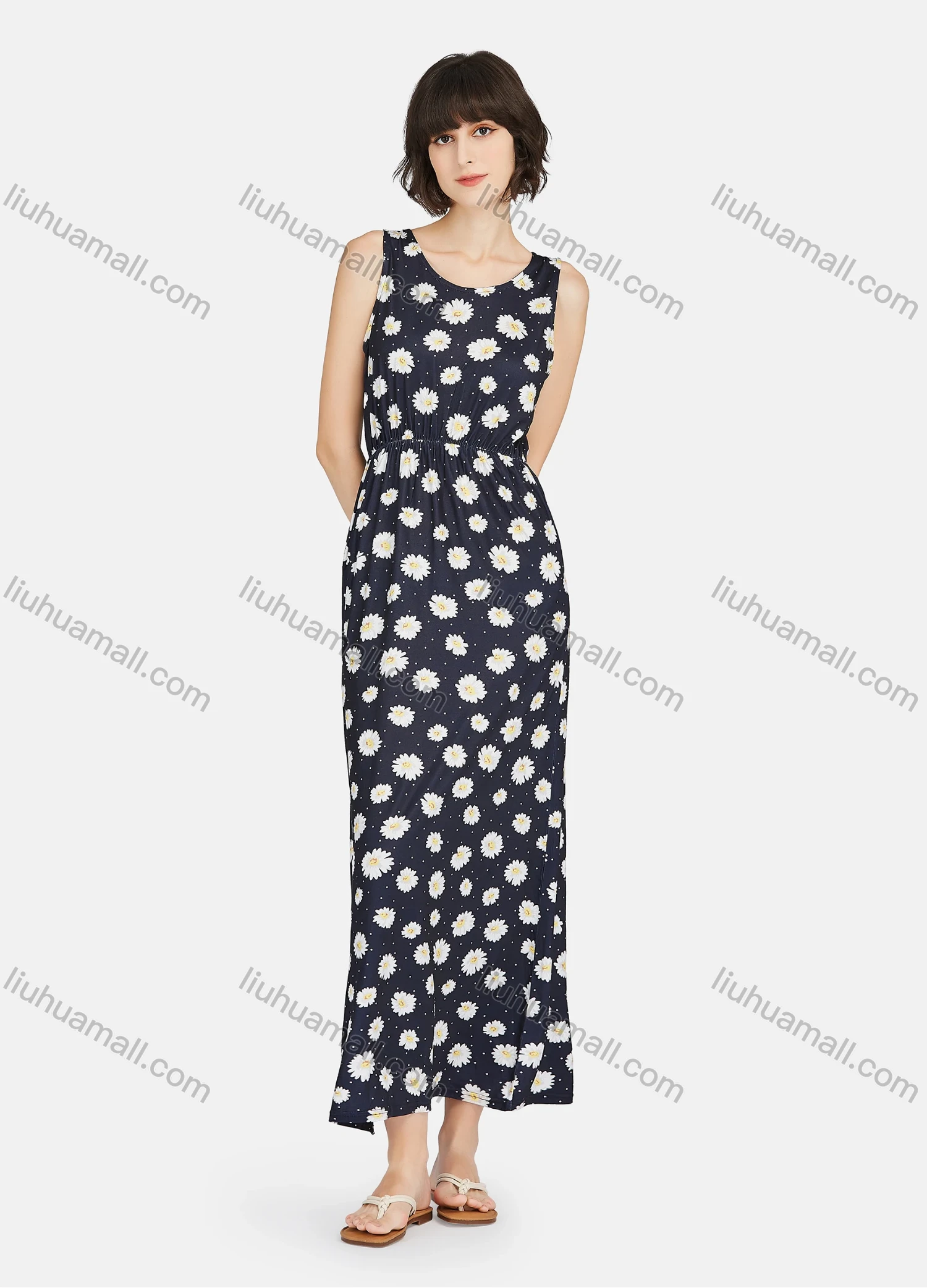 Wholesale Women's Casual Floral Print Pin Dot Round Neck Ruched Maxi Sleeveless Tank Lounge Nightgown A23# - Liuhuamall
