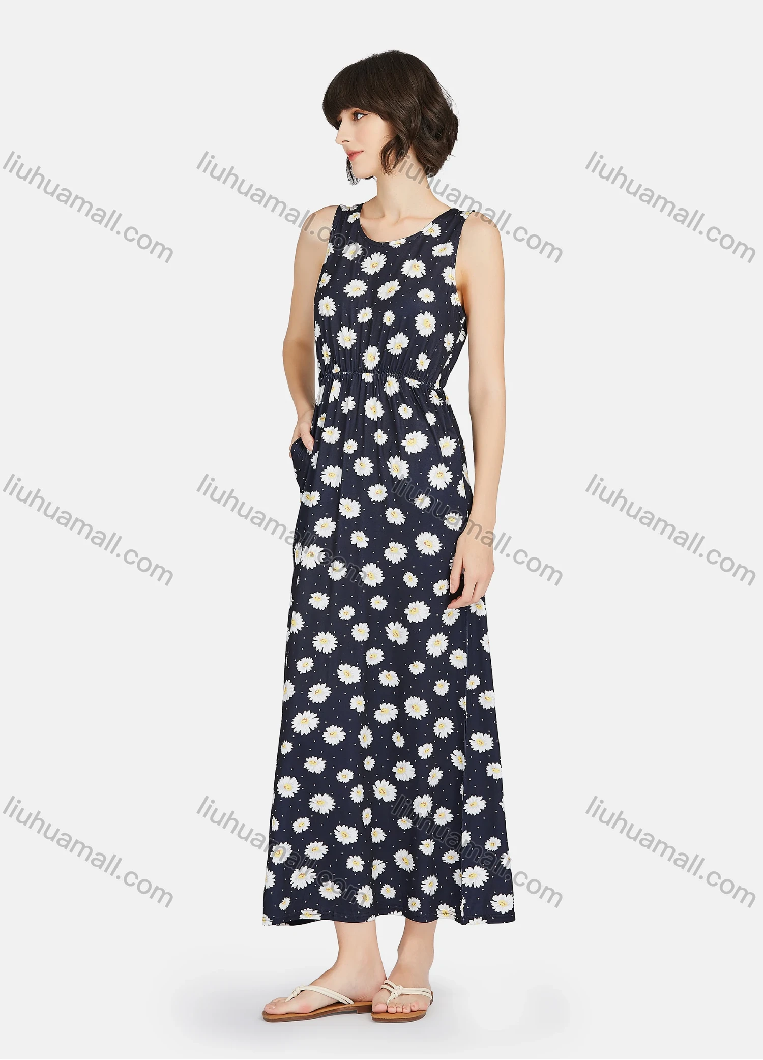 Wholesale Women's Casual Floral Print Pin Dot Round Neck Ruched Maxi Sleeveless Tank Lounge Nightgown A23# - Liuhuamall