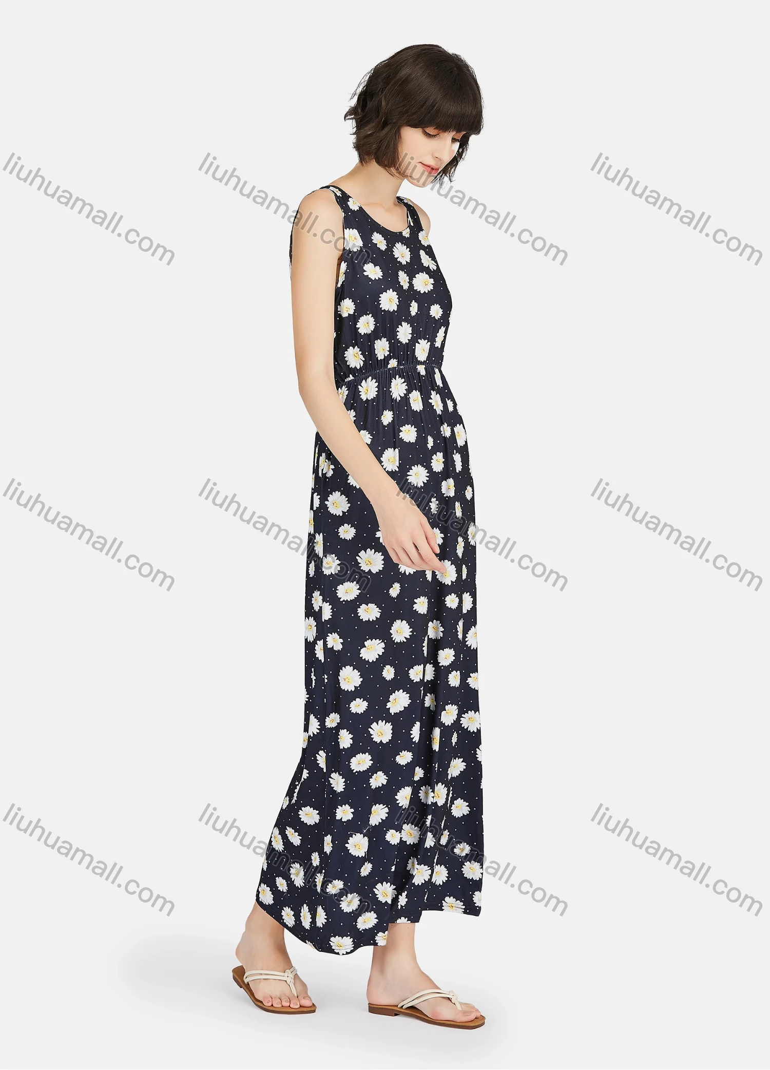 Wholesale Women's Casual Floral Print Pin Dot Round Neck Ruched Maxi Sleeveless Tank Lounge Nightgown A23# - Liuhuamall