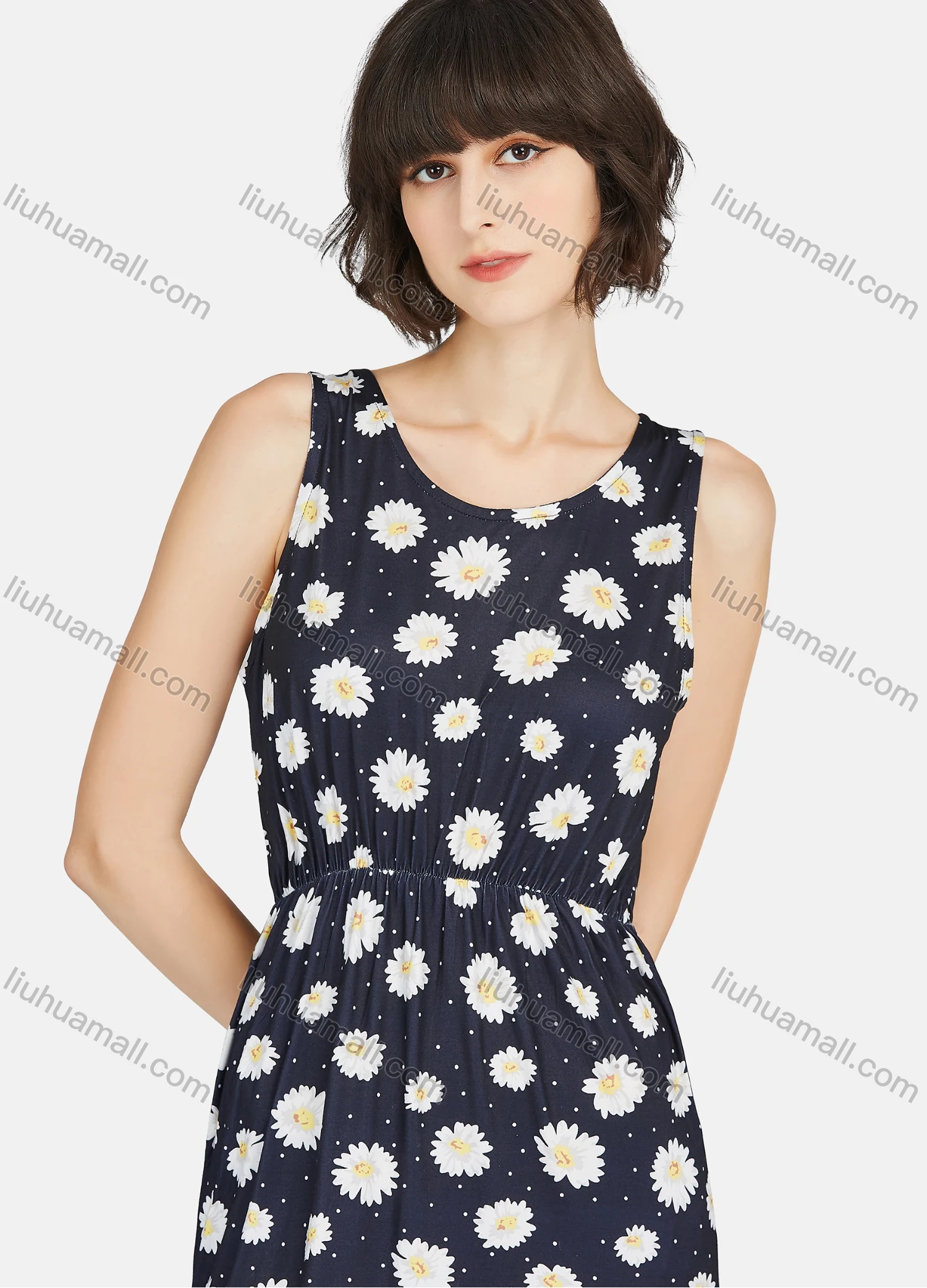 Wholesale Women's Casual Floral Print Pin Dot Round Neck Ruched Maxi Sleeveless Tank Lounge Nightgown A23# - Liuhuamall