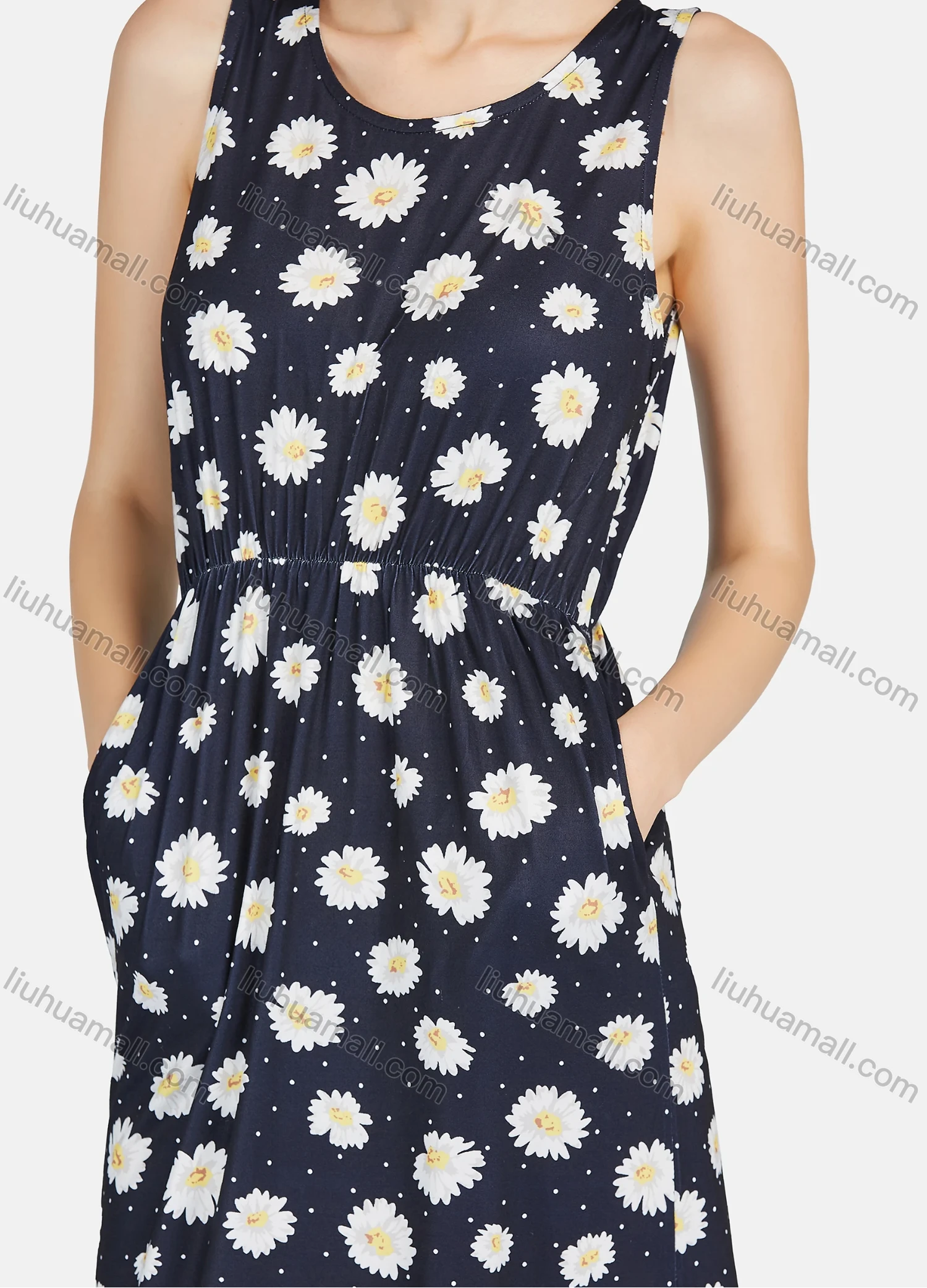 Wholesale Women's Casual Floral Print Pin Dot Round Neck Ruched Maxi Sleeveless Tank Lounge Nightgown A23# - Liuhuamall