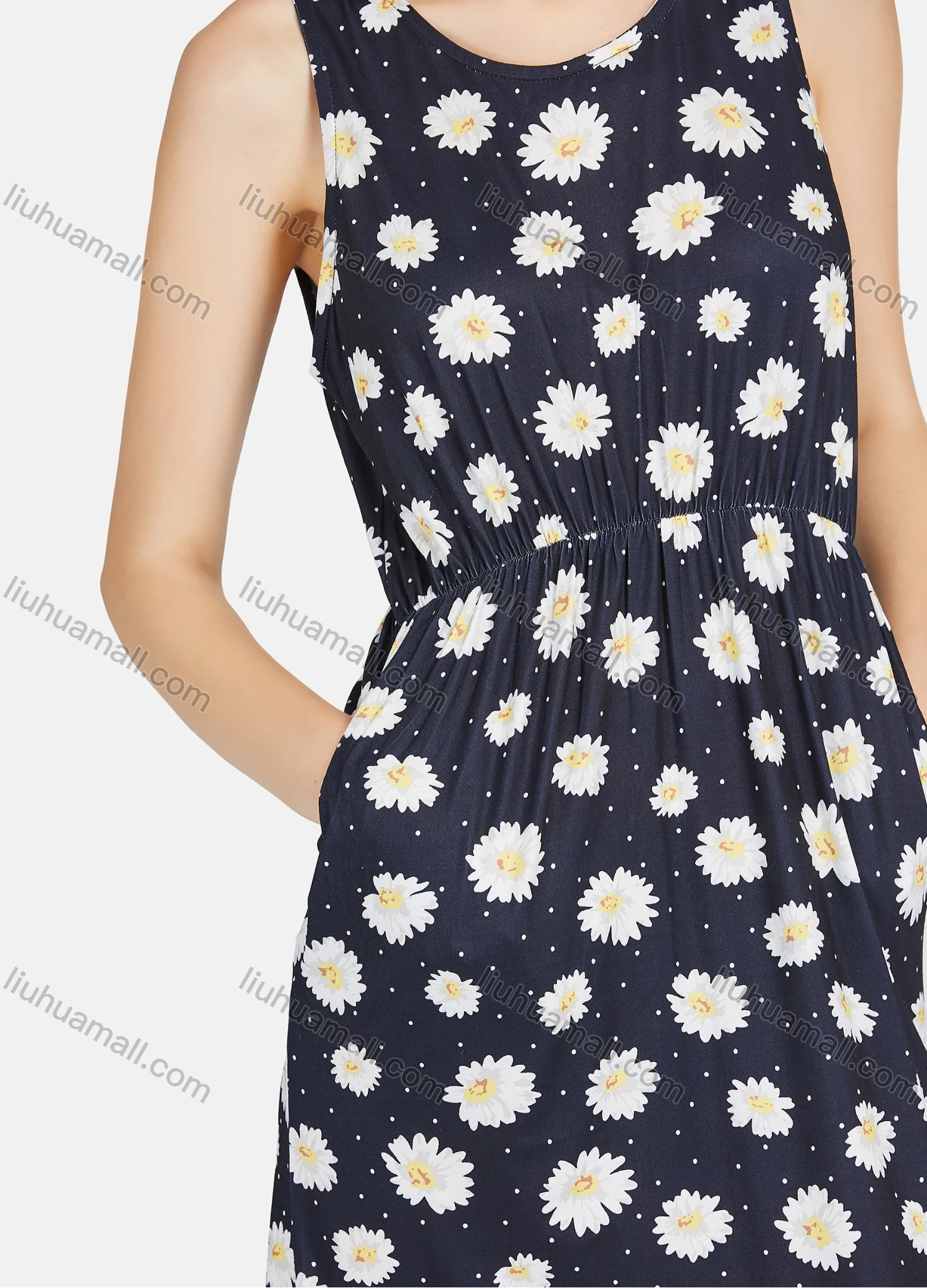 Wholesale Women's Casual Floral Print Pin Dot Round Neck Ruched Maxi Sleeveless Tank Lounge Nightgown A23# - Liuhuamall