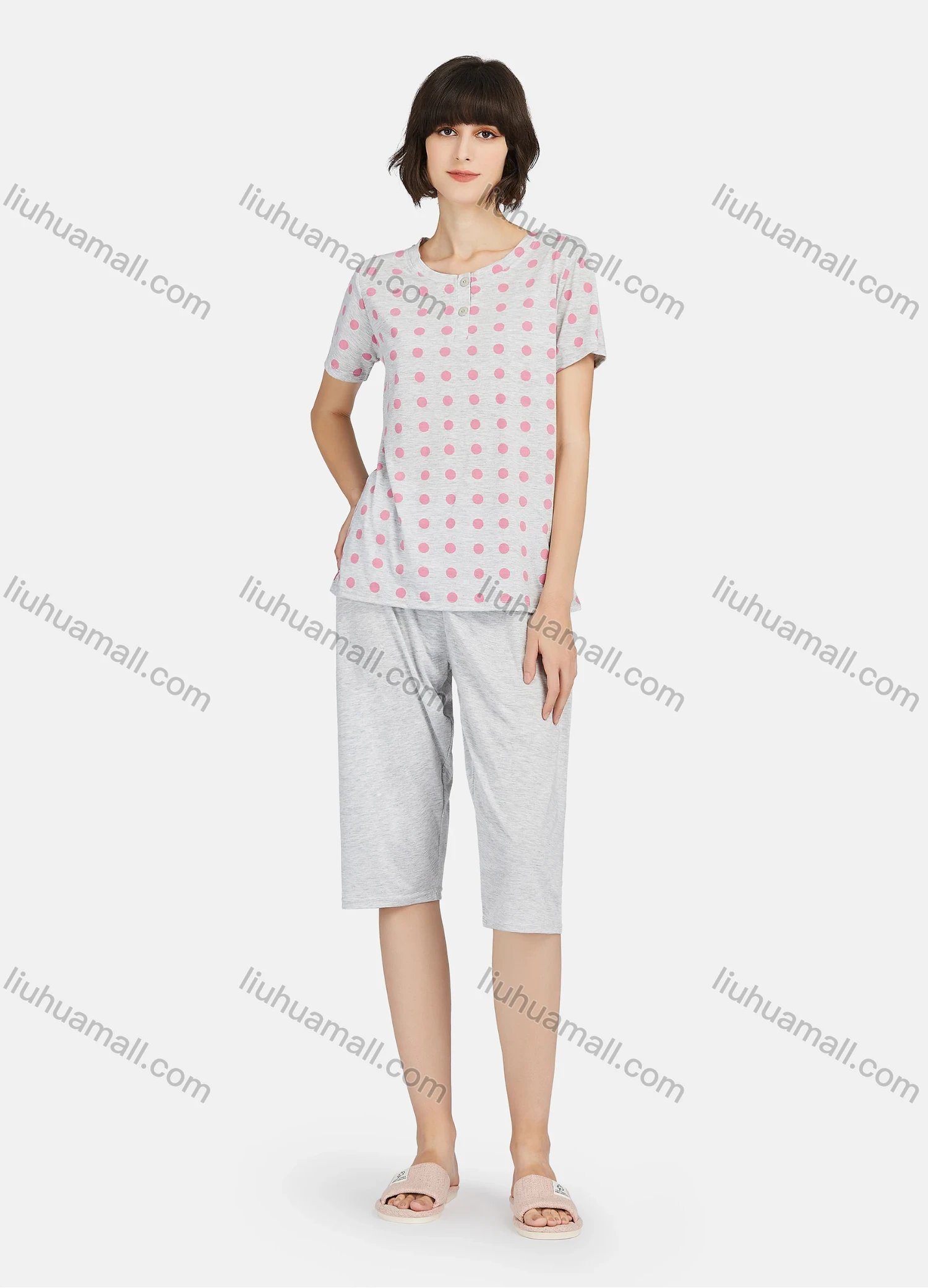 Wholesale Women's Polka Dot Button Front Short Sleeve Tops & Plain Knee Length Pants 2 Piece Lounge Pajamas Set A17# - Liuhuamall