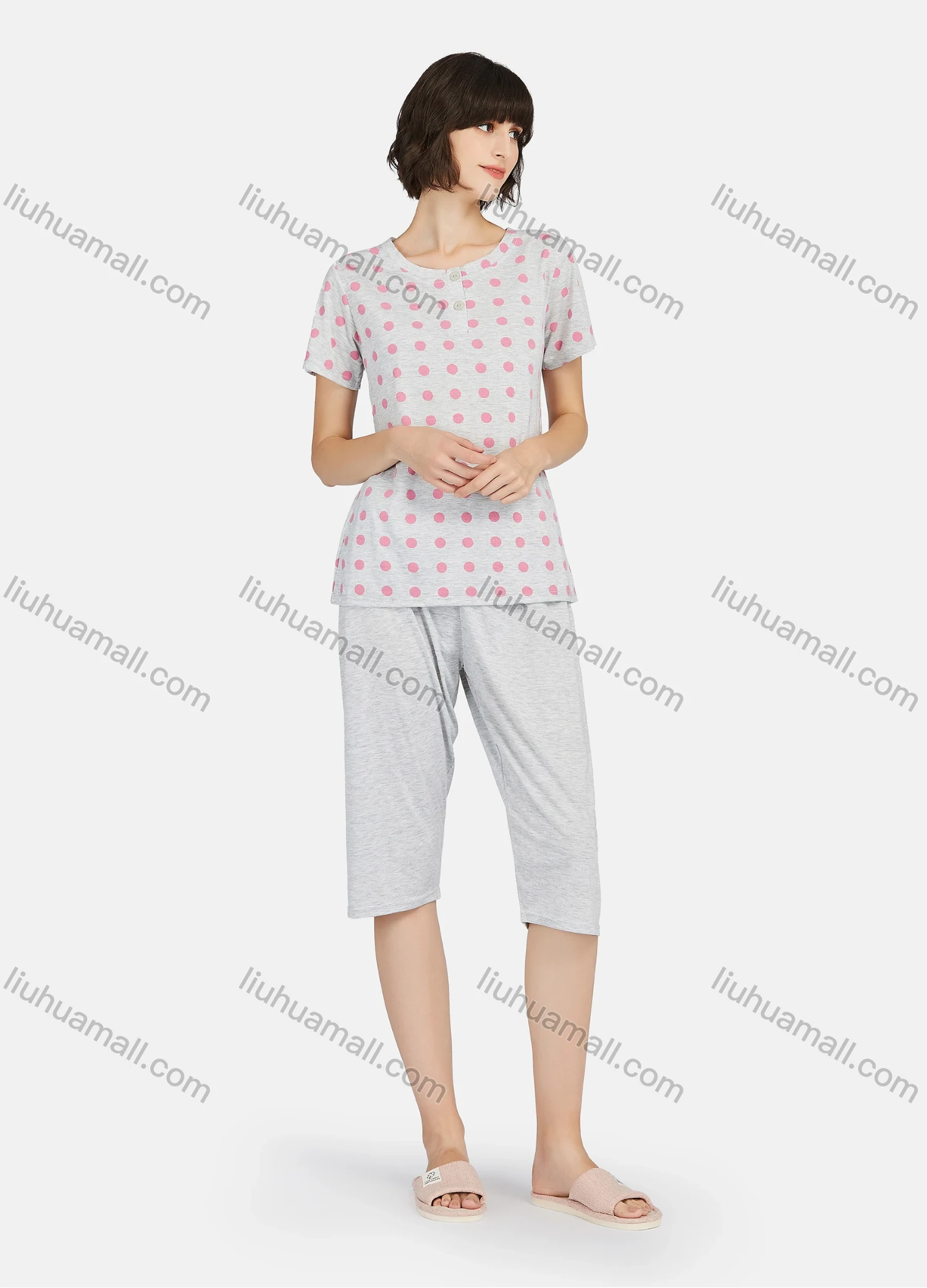 Wholesale Women's Polka Dot Button Front Short Sleeve Tops & Plain Knee Length Pants 2 Piece Lounge Pajamas Set A17# - Liuhuamall