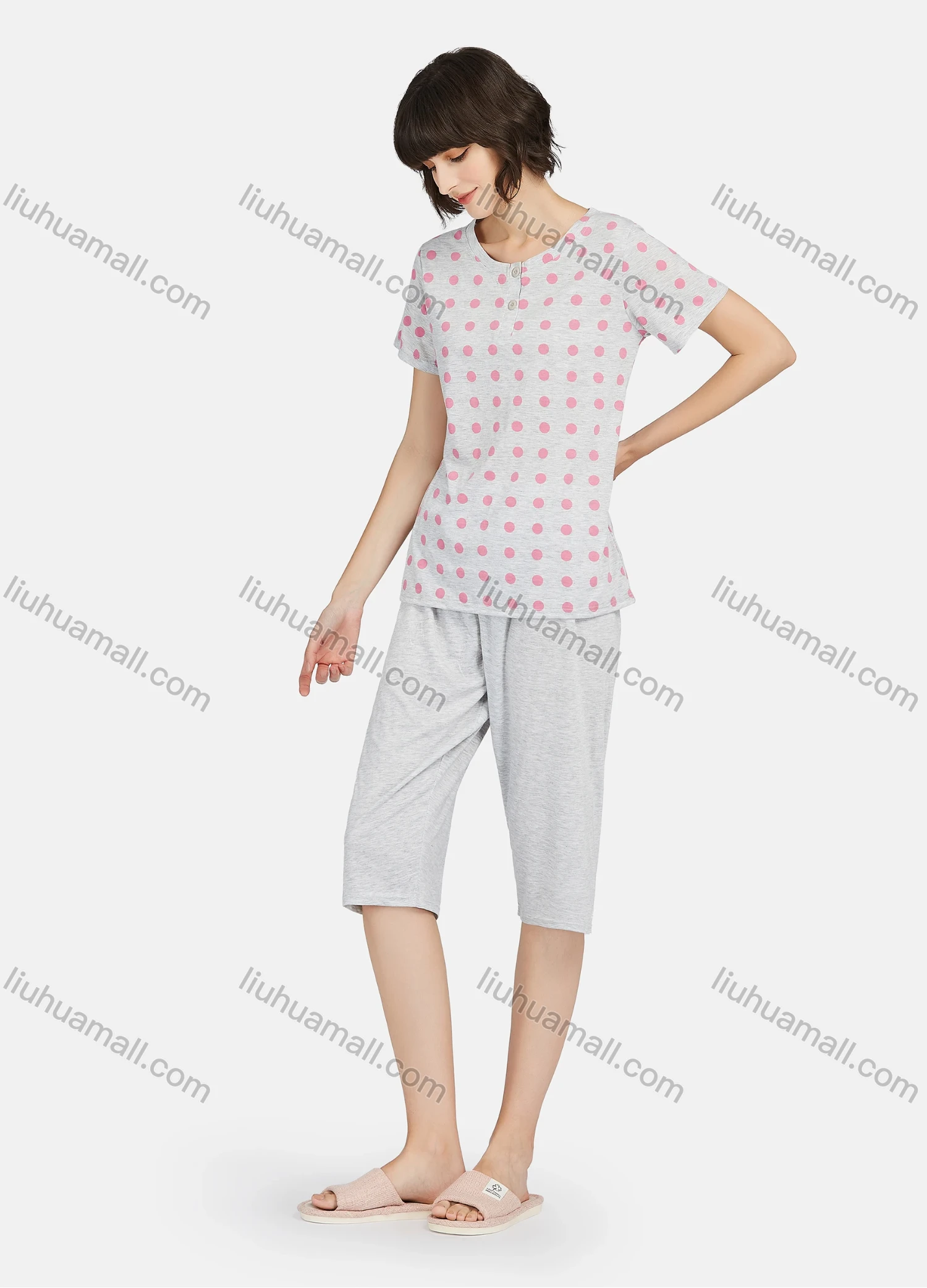 Wholesale Women's Polka Dot Button Front Short Sleeve Tops & Plain Knee Length Pants 2 Piece Lounge Pajamas Set A17# - Liuhuamall