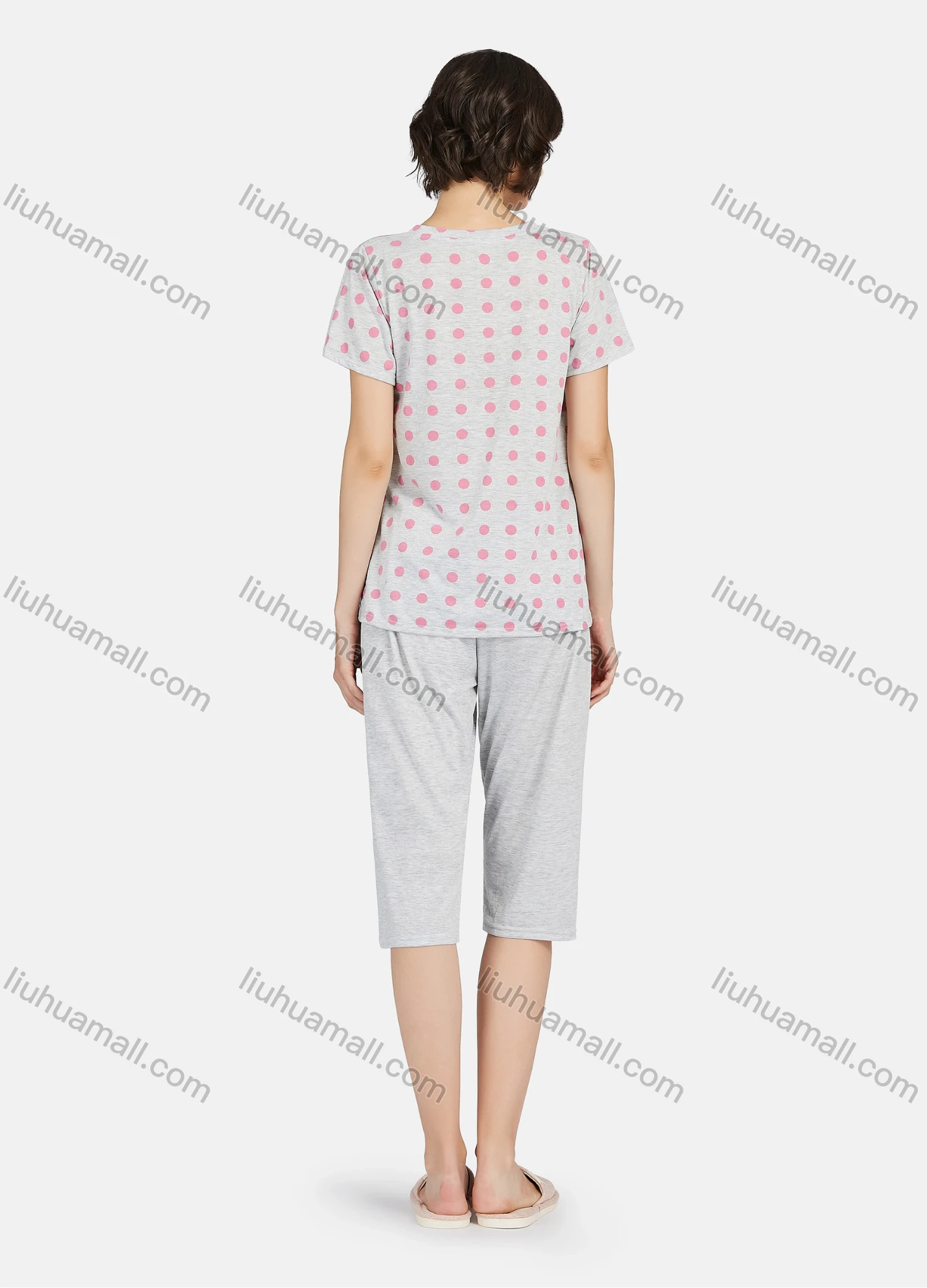 Wholesale Women's Polka Dot Button Front Short Sleeve Tops & Plain Knee Length Pants 2 Piece Lounge Pajamas Set A17# - Liuhuamall