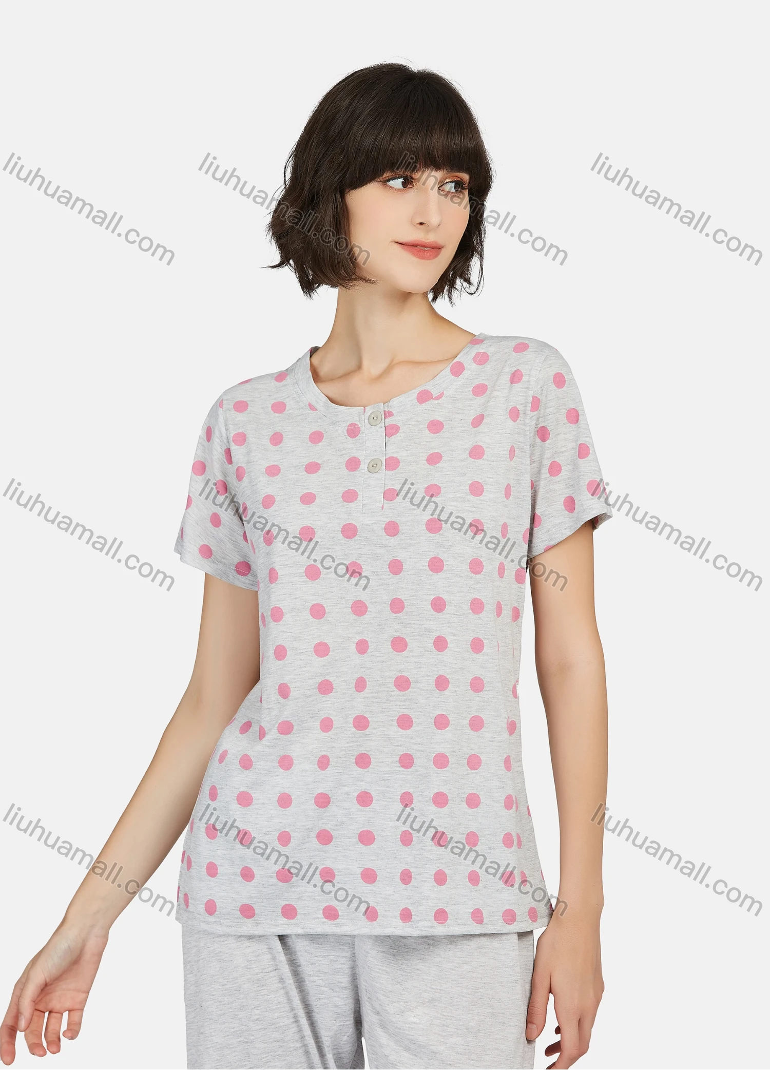 Wholesale Women's Polka Dot Button Front Short Sleeve Tops & Plain Knee Length Pants 2 Piece Lounge Pajamas Set A17# - Liuhuamall