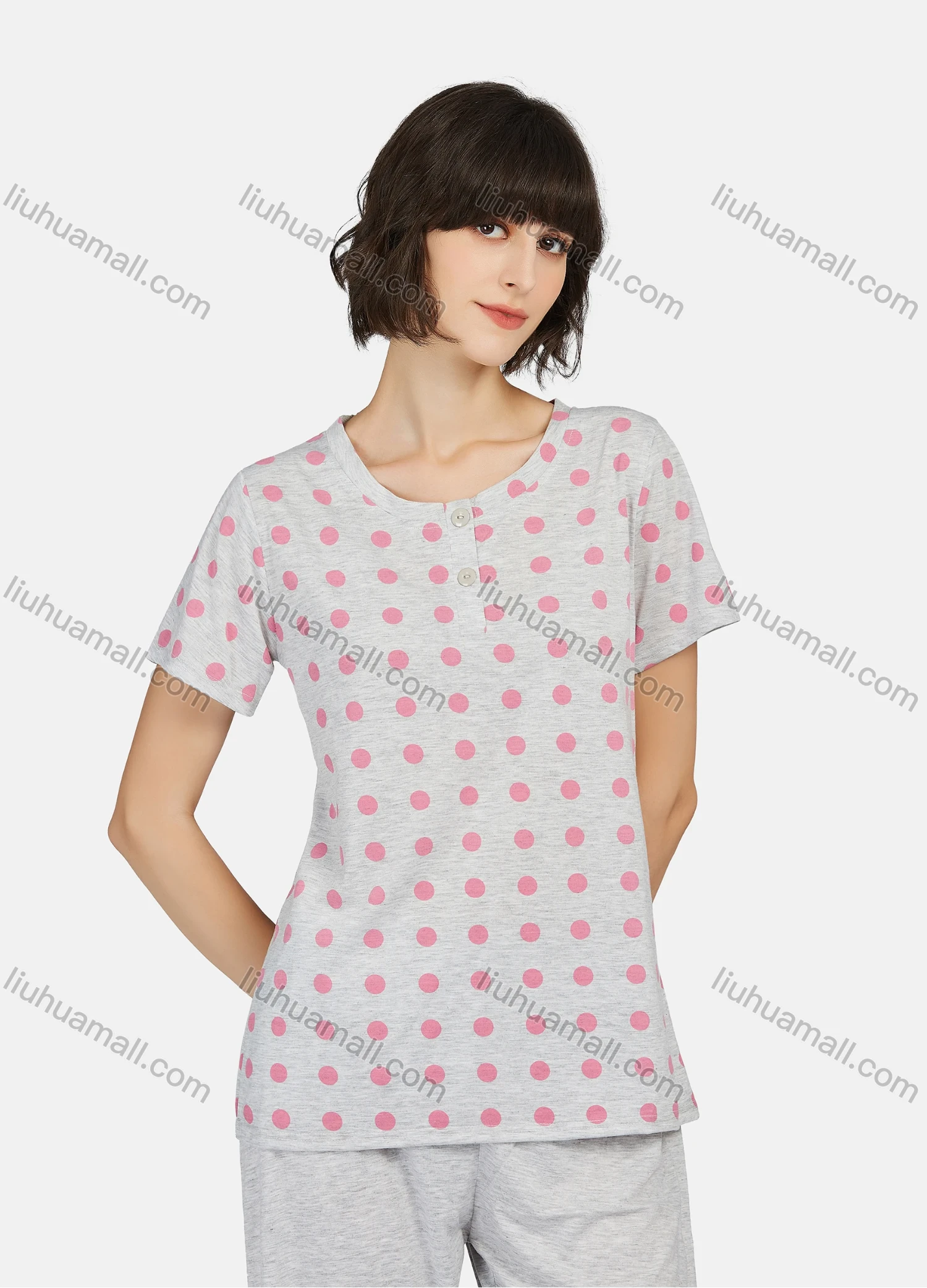 Wholesale Women's Polka Dot Button Front Short Sleeve Tops & Plain Knee Length Pants 2 Piece Lounge Pajamas Set A17# - Liuhuamall