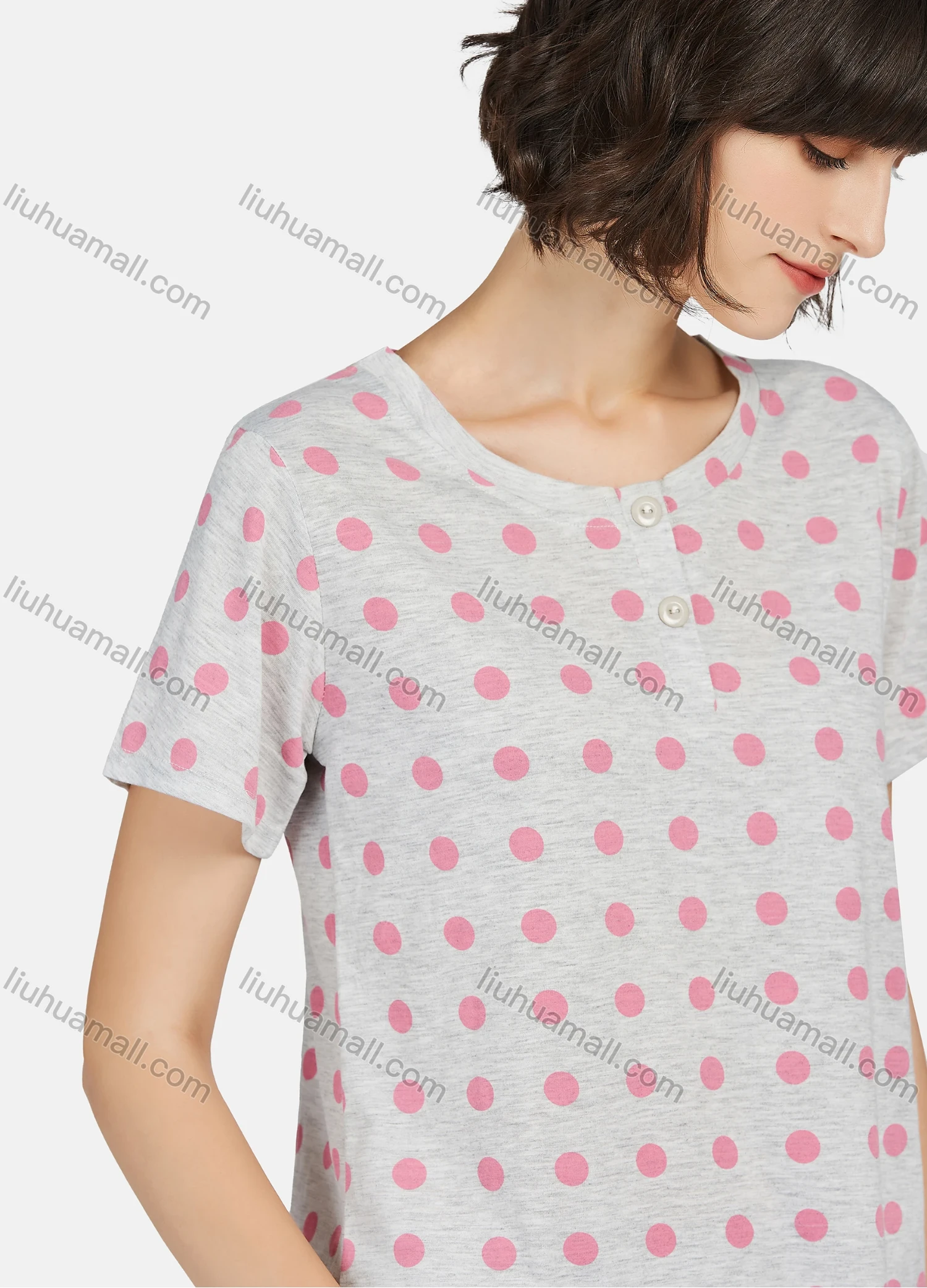 Wholesale Women's Polka Dot Button Front Short Sleeve Tops & Plain Knee Length Pants 2 Piece Lounge Pajamas Set A17# - Liuhuamall
