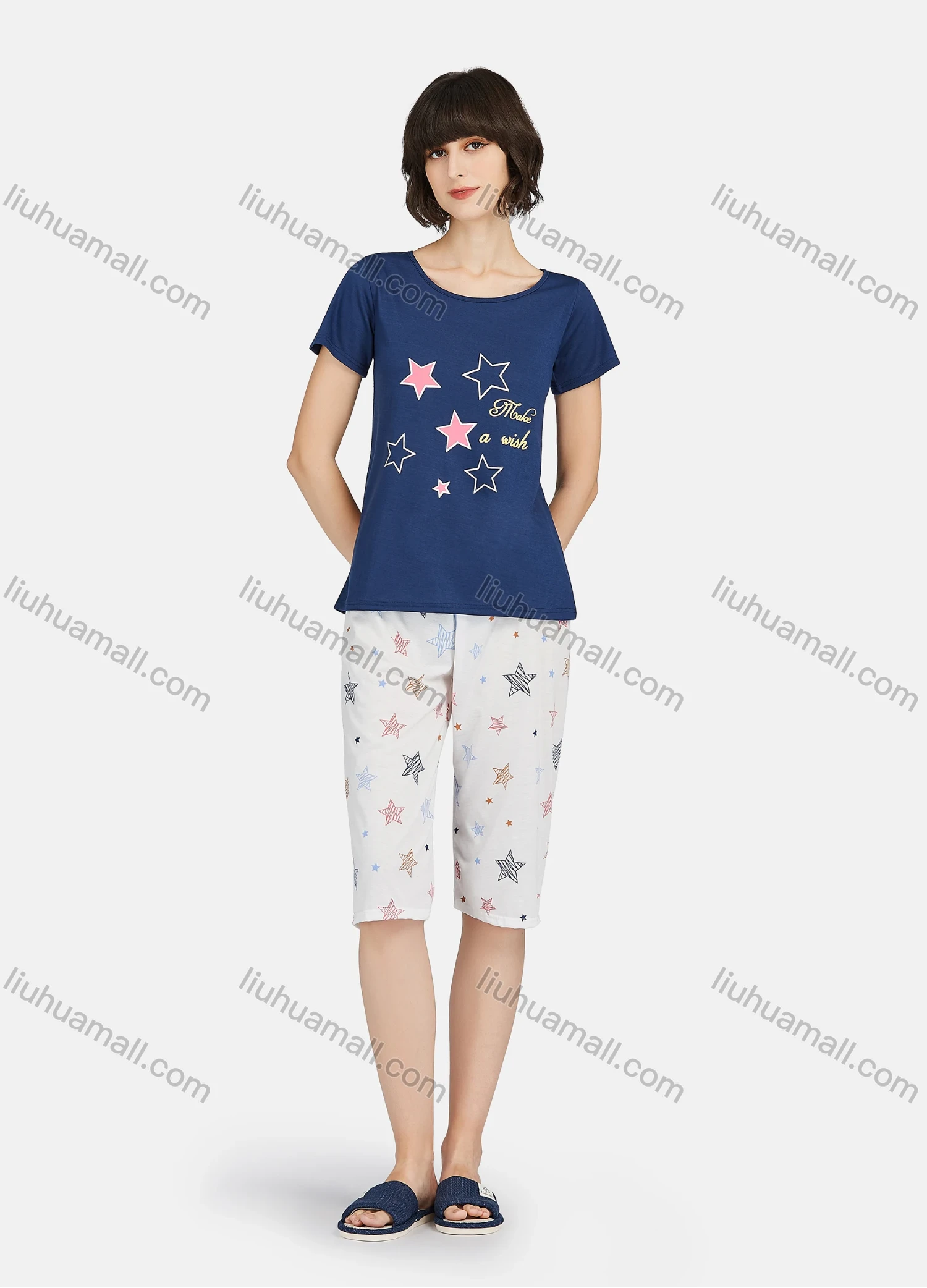Wholesale Women's Star Print Round Neck Short Sleeve Tops & Knee Length Pants 2 Piece Lounge Pajamas Set A05# - Liuhuamall
