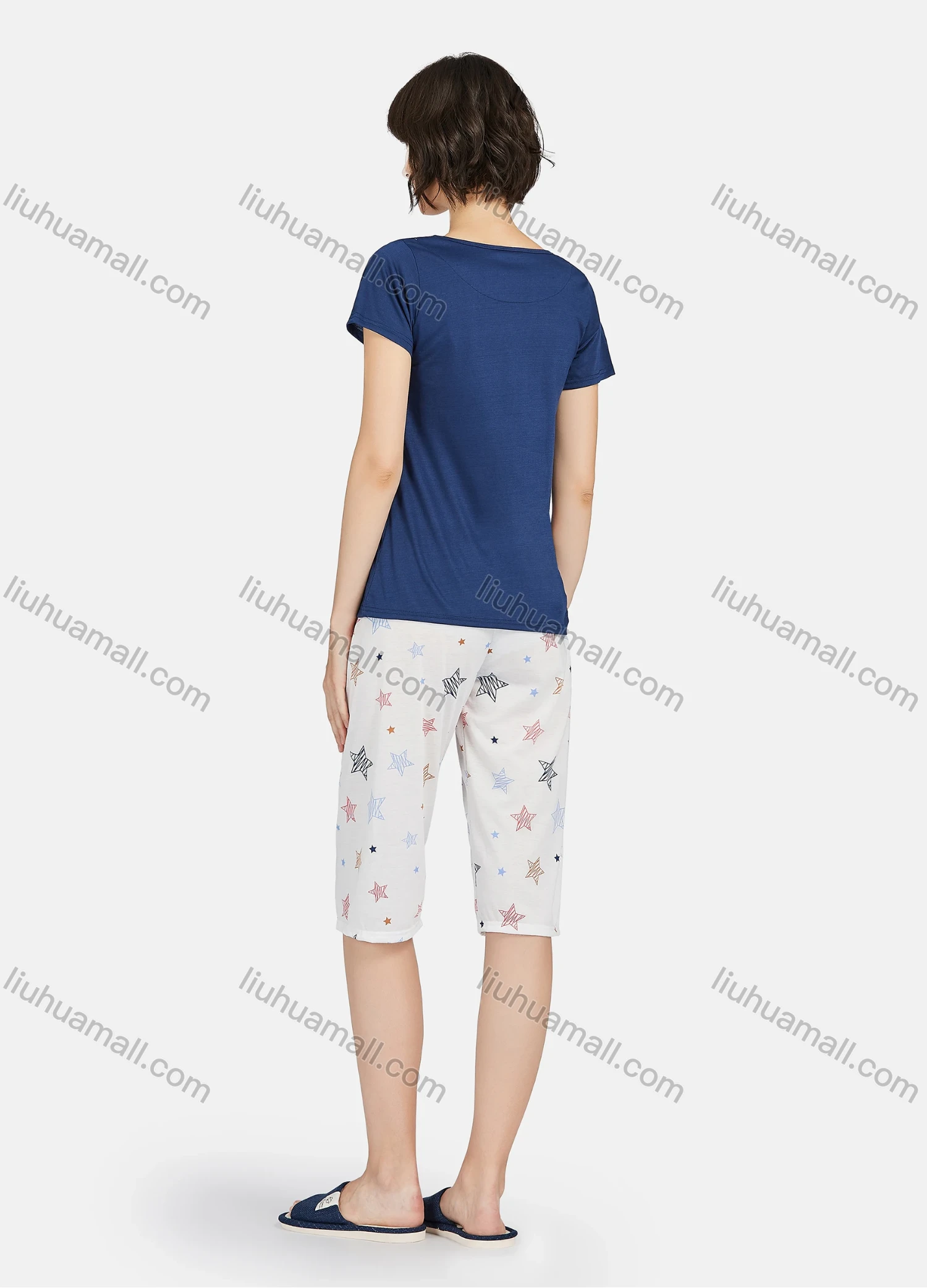 Wholesale Women's Star Print Round Neck Short Sleeve Tops & Knee Length Pants 2 Piece Lounge Pajamas Set A05# - Liuhuamall