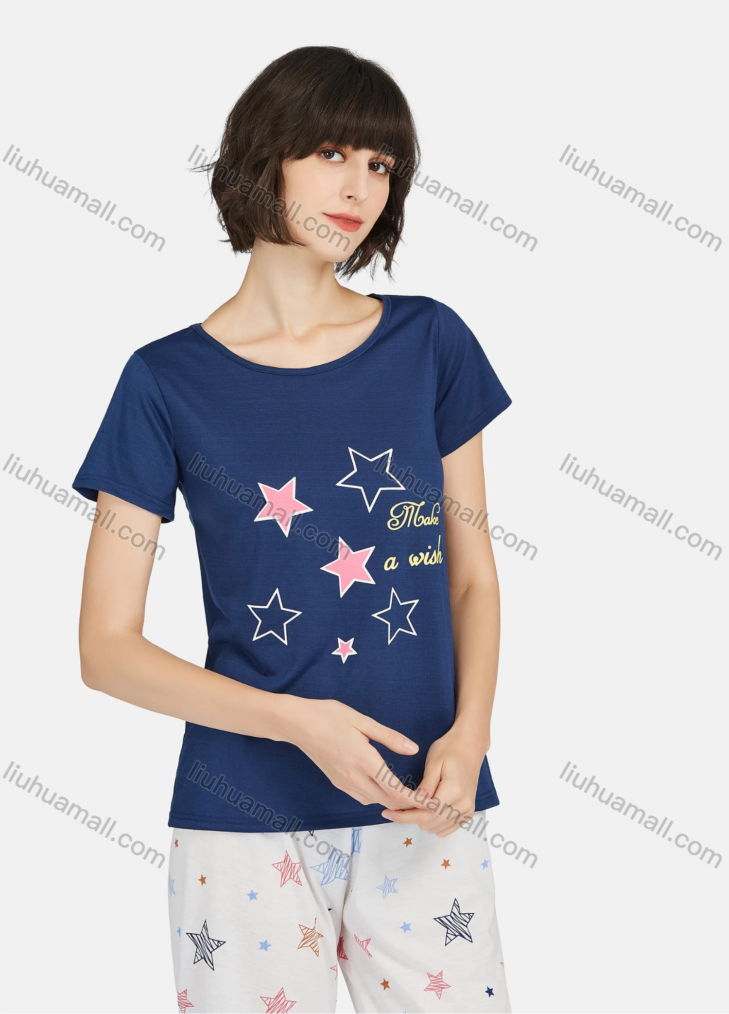 Wholesale Women's Star Print Round Neck Short Sleeve Tops & Knee Length Pants 2 Piece Lounge Pajamas Set A05# - Liuhuamall