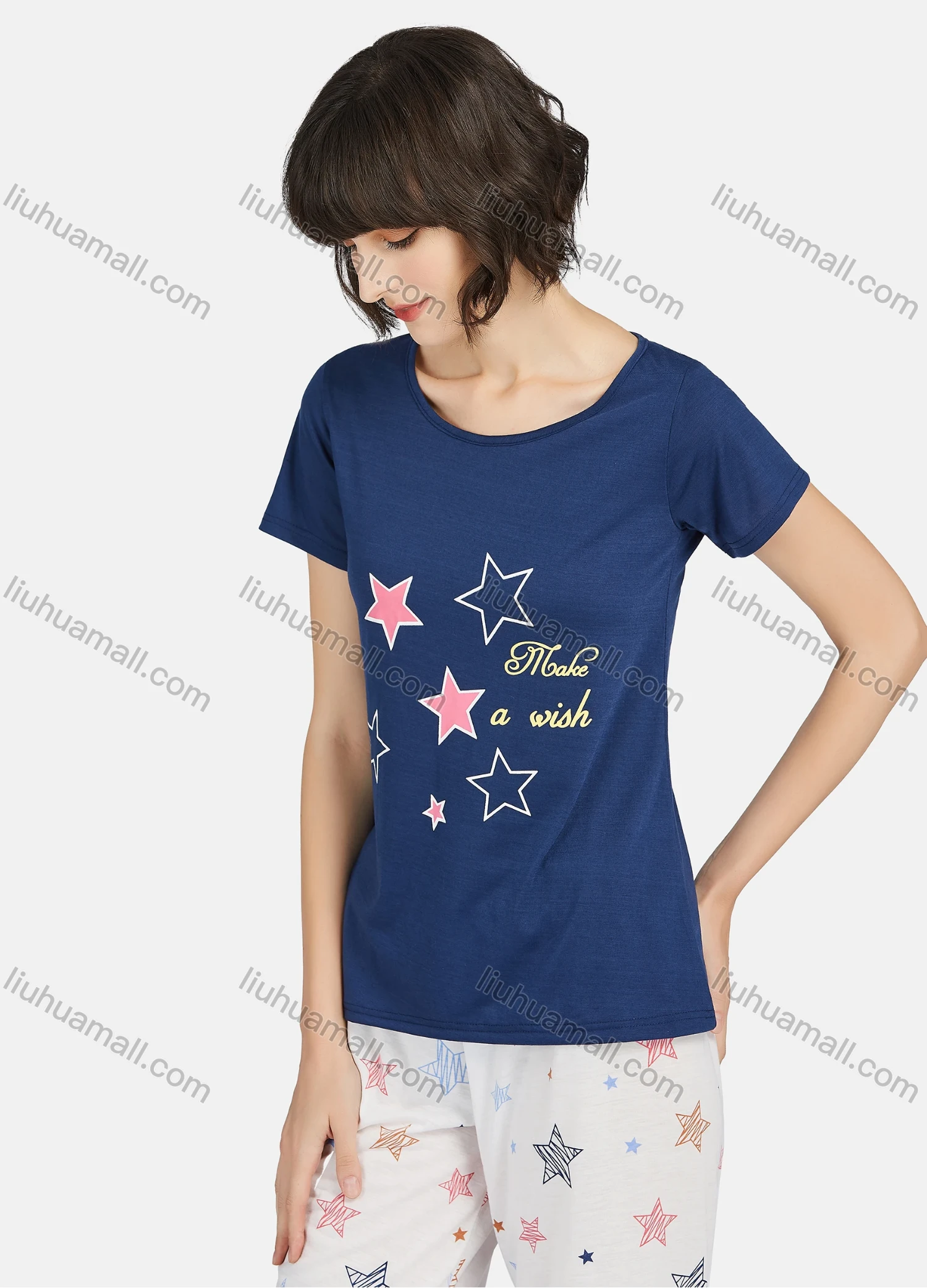 Wholesale Women's Star Print Round Neck Short Sleeve Tops & Knee Length Pants 2 Piece Lounge Pajamas Set A05# - Liuhuamall