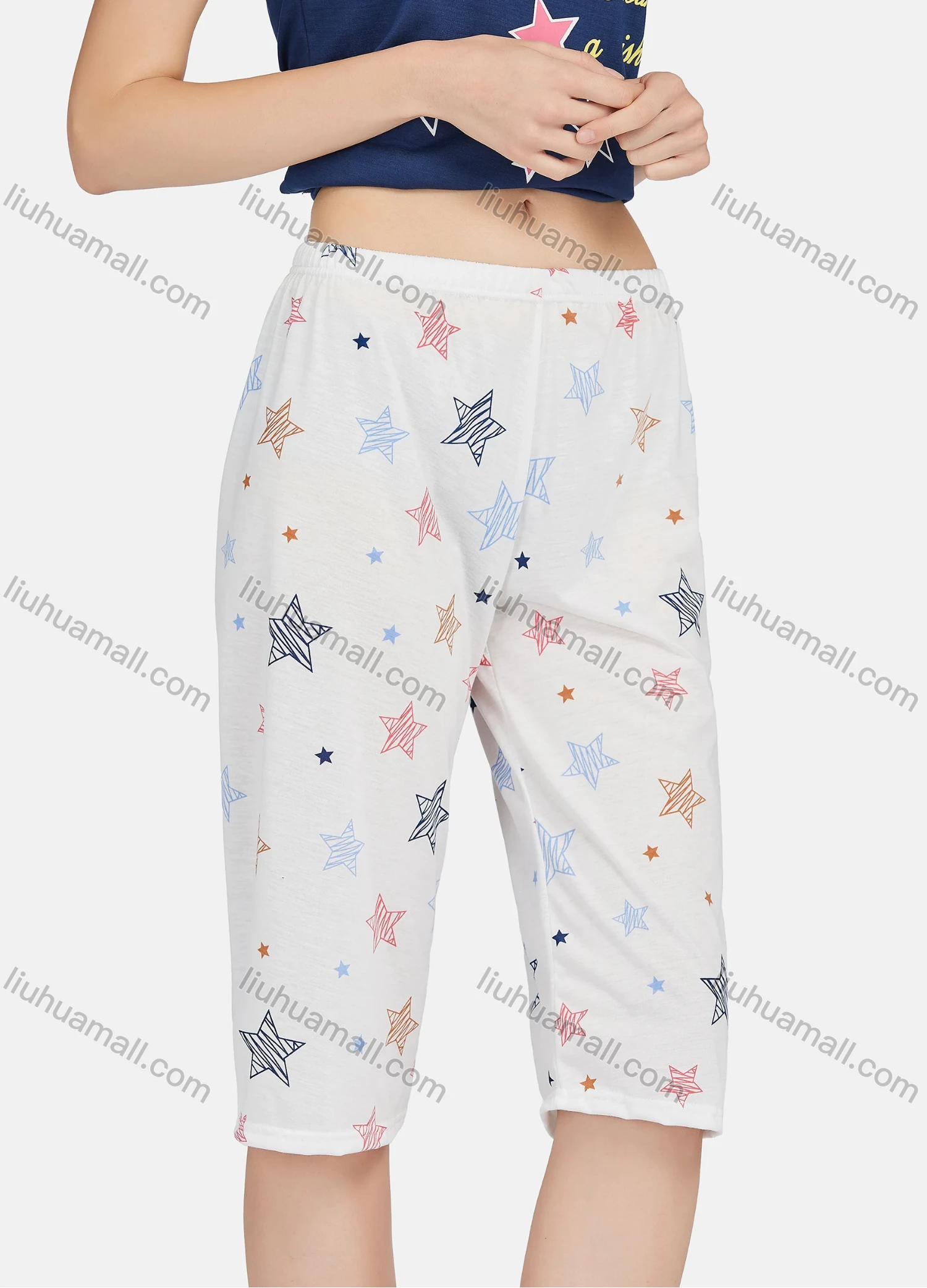 Wholesale Women's Star Print Round Neck Short Sleeve Tops & Knee Length Pants 2 Piece Lounge Pajamas Set A05# - Liuhuamall