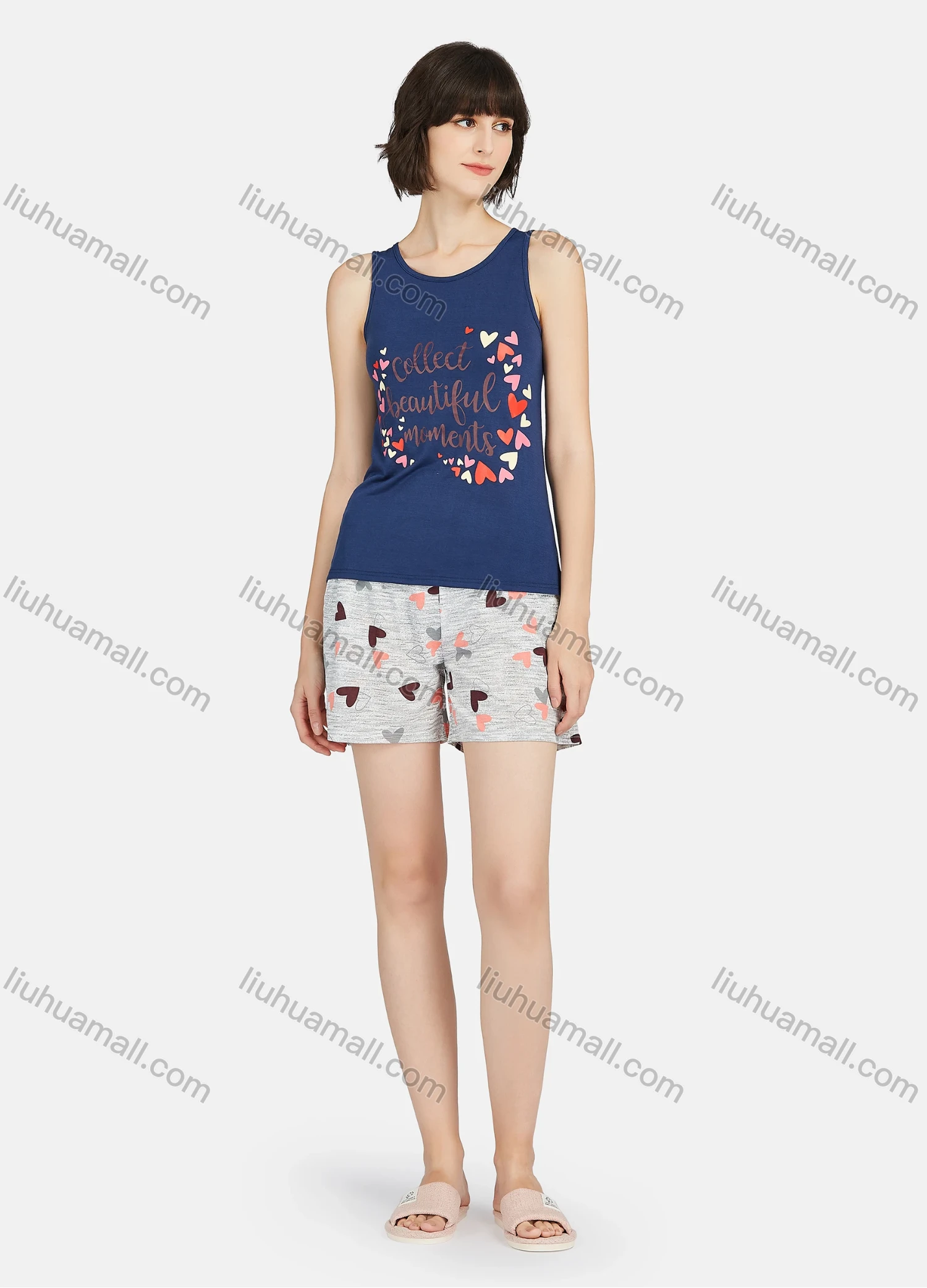 Wholesale Women's Letter Heart Print Round Neck Tank Tops & Shorts 2 Piece Lounge Pajamas Set A18# - Liuhuamall