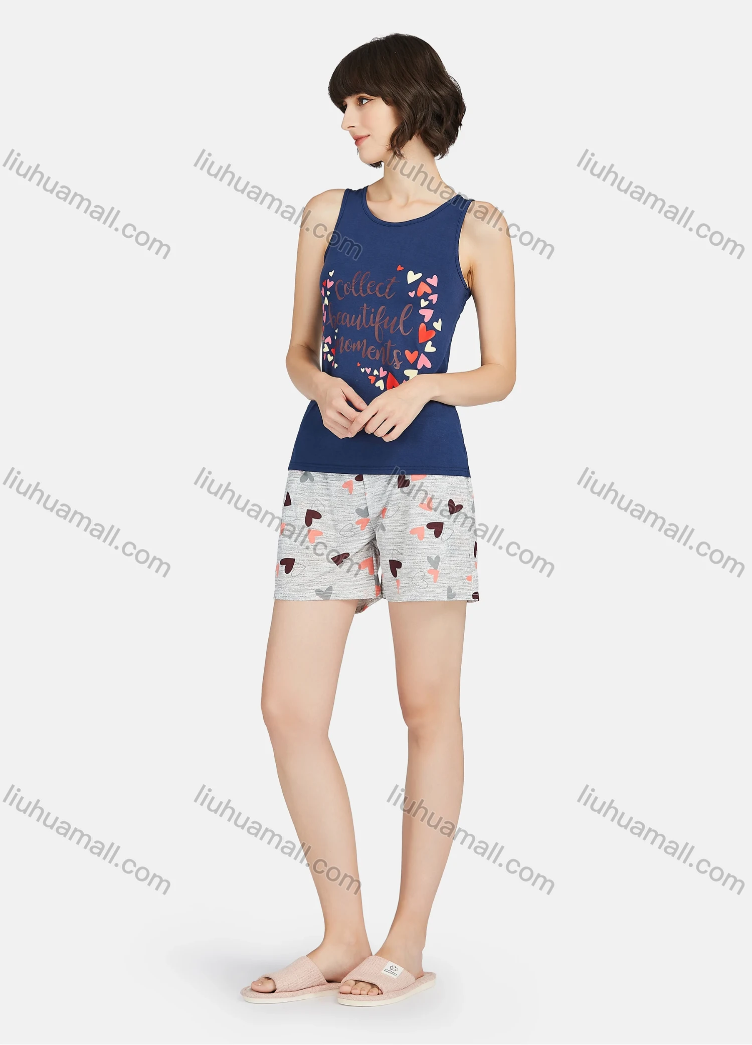 Wholesale Women's Letter Heart Print Round Neck Tank Tops & Shorts 2 Piece Lounge Pajamas Set A18# - Liuhuamall