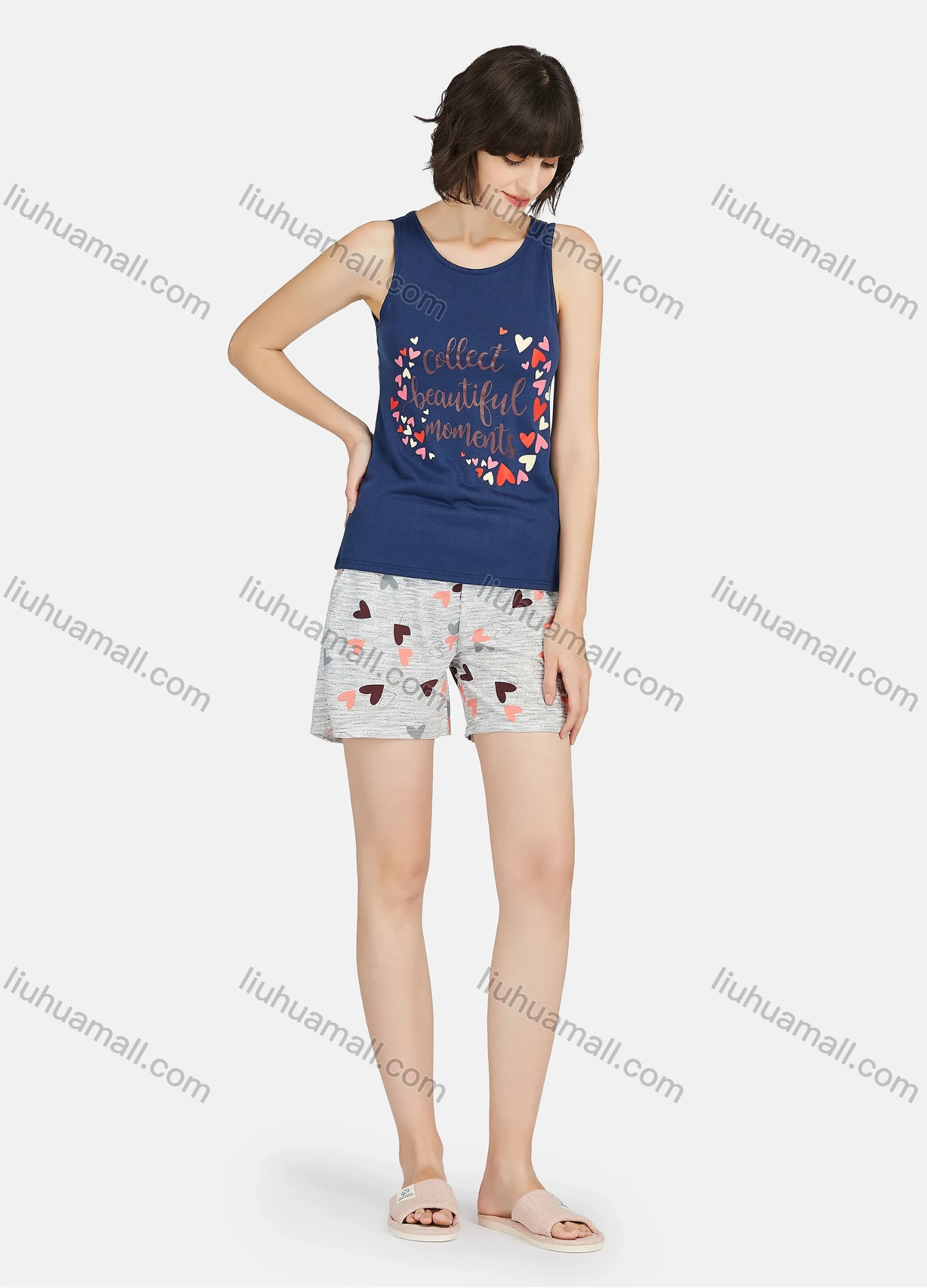 Wholesale Women's Letter Heart Print Round Neck Tank Tops & Shorts 2 Piece Lounge Pajamas Set A18# - Liuhuamall