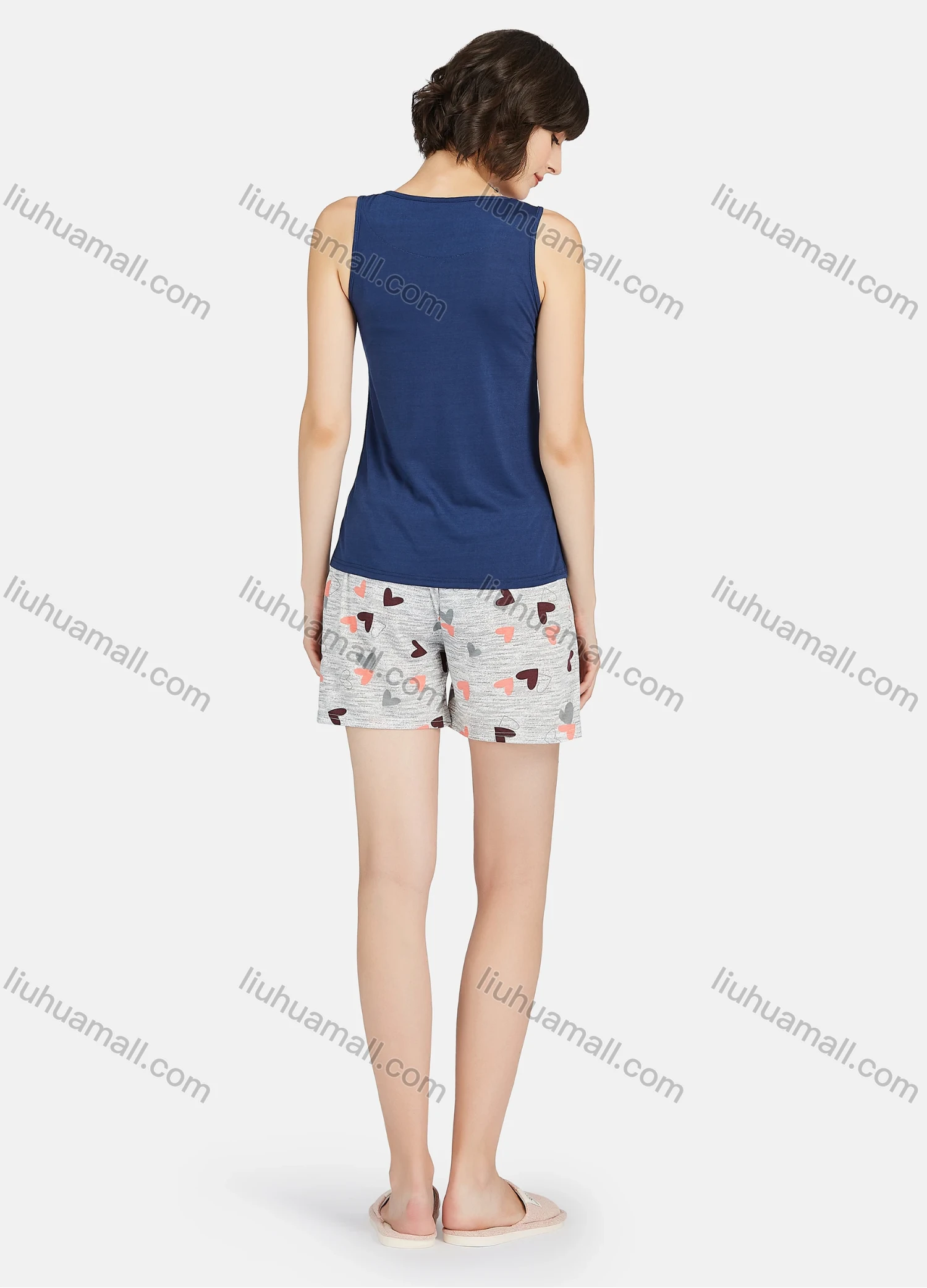Wholesale Women's Letter Heart Print Round Neck Tank Tops & Shorts 2 Piece Lounge Pajamas Set A18# - Liuhuamall