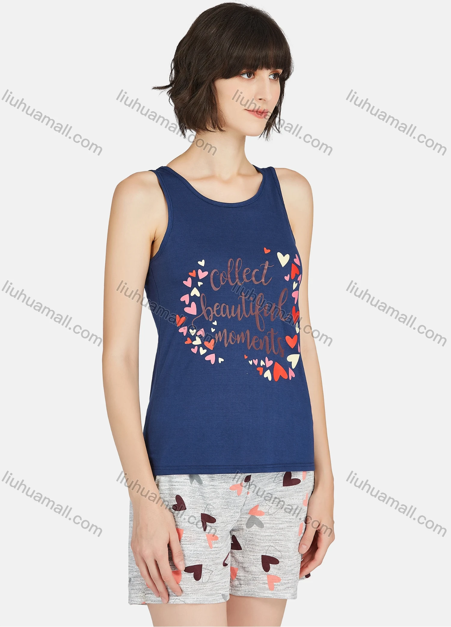 Wholesale Women's Letter Heart Print Round Neck Tank Tops & Shorts 2 Piece Lounge Pajamas Set A18# - Liuhuamall