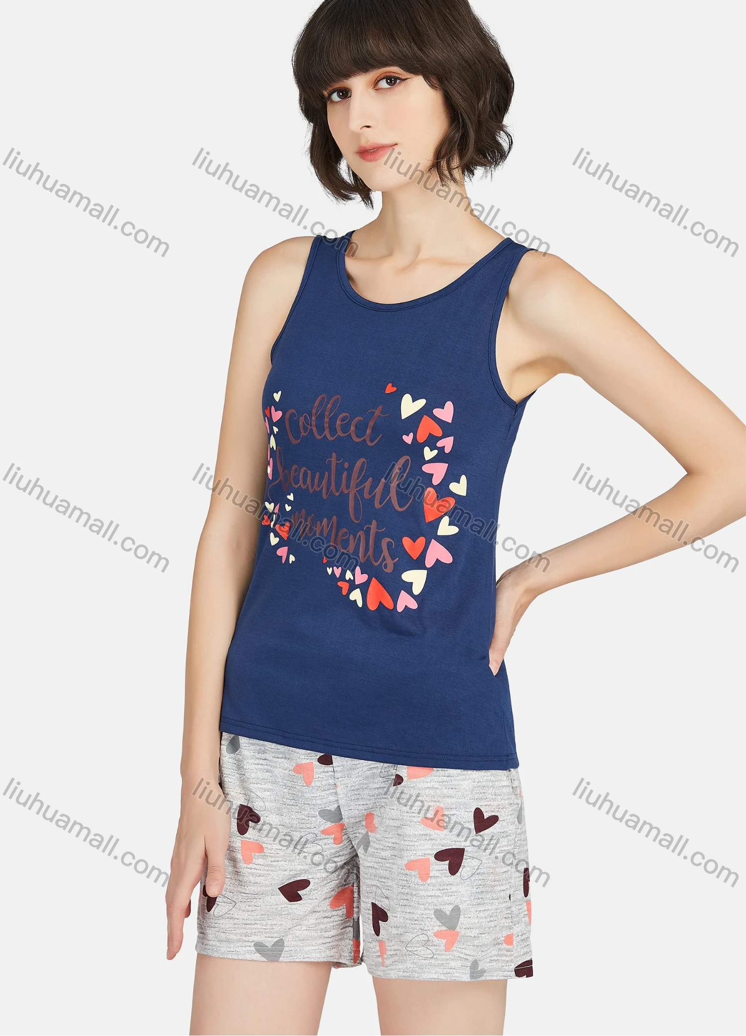 Wholesale Women's Letter Heart Print Round Neck Tank Tops & Shorts 2 Piece Lounge Pajamas Set A18# - Liuhuamall