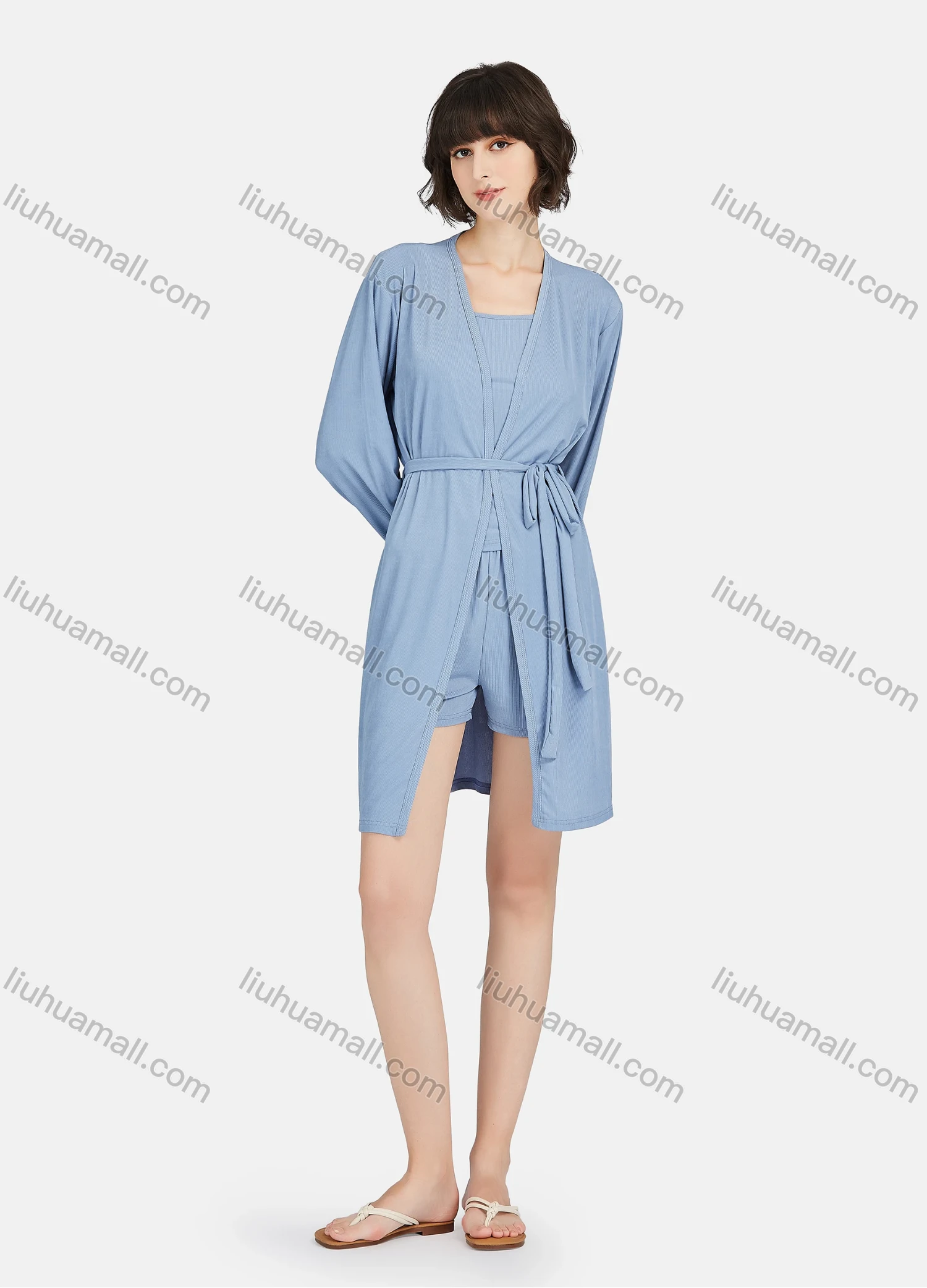 Wholesale Women's Lounge Plain Spaghetti Strap Cami Top & Shorts & Cardigan With Belt 3 Piece Pajamas Set A27# - Liuhuamall
