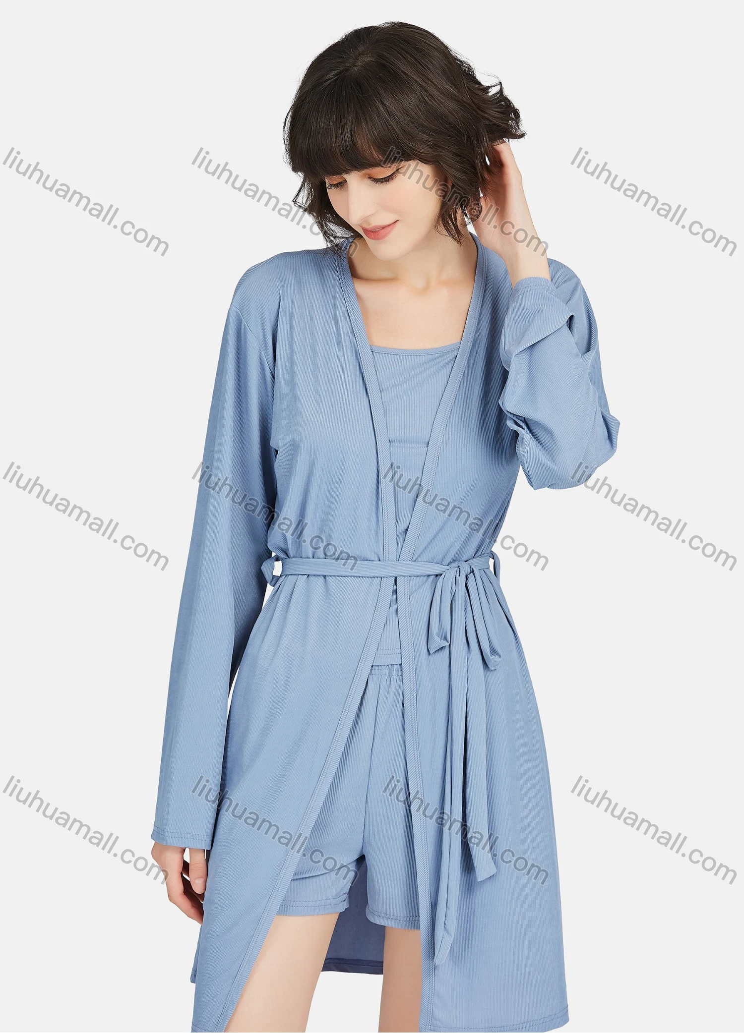 Wholesale Women's Lounge Plain Spaghetti Strap Cami Top & Shorts & Cardigan With Belt 3 Piece Pajamas Set A27# - Liuhuamall