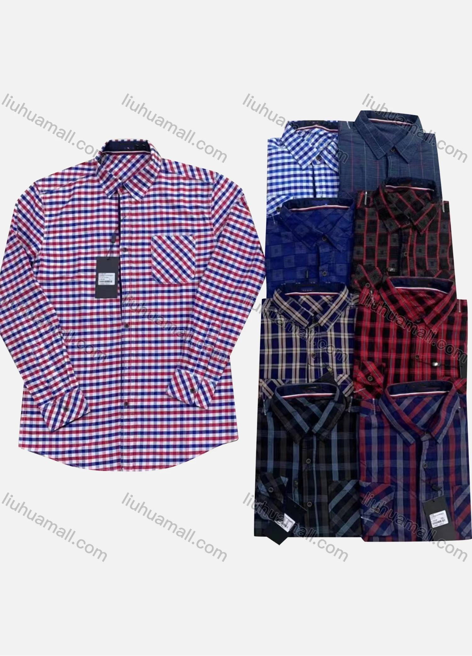 Wholesale Men's Casual Collared Long Sleeve Plaid Print Shirt - Liuhuamall