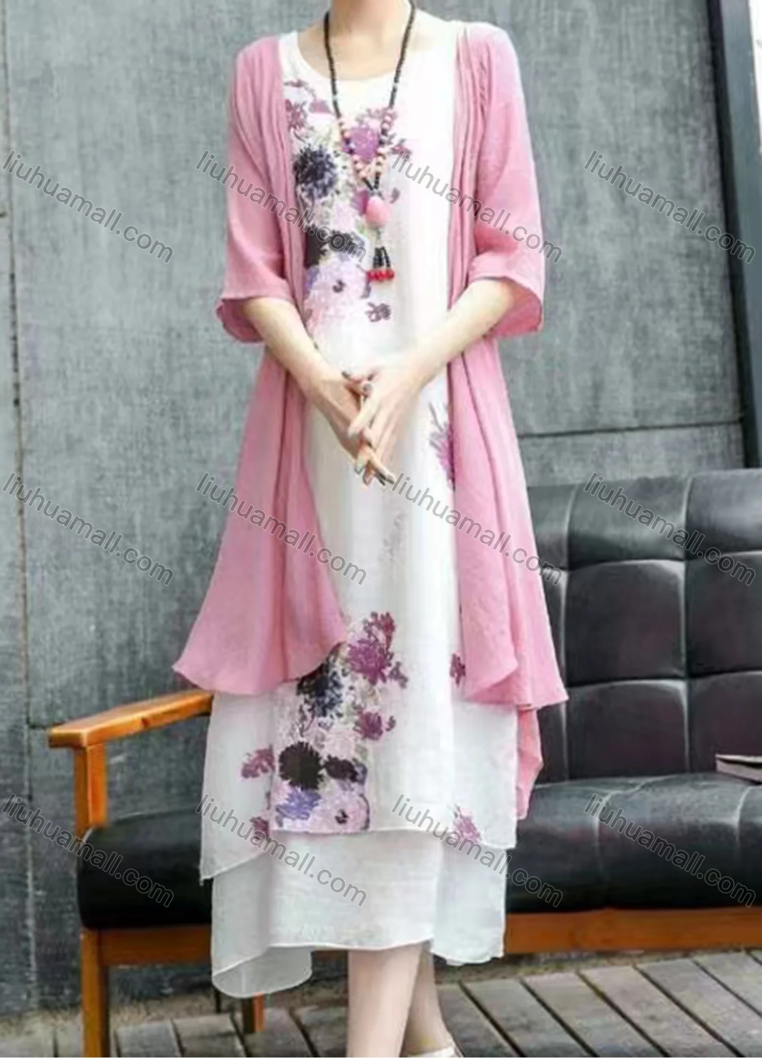 Wholesale Women's Elegant Crew Neck Half Sleeve Tiered Midi Dress & Cardigan Set - Liuhuamall