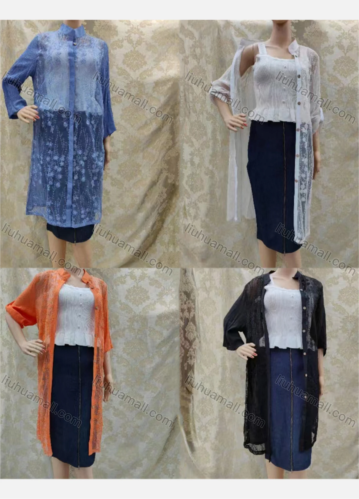 Wholesale Women's Casual Stand Collar Long Sleeve Lace See Through Midi Shirt Dress - Liuhuamall