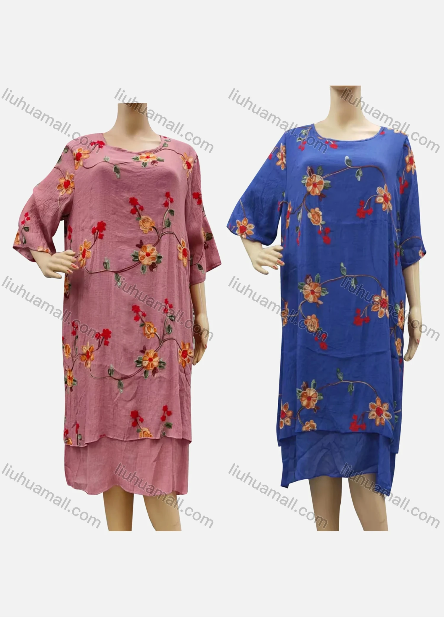 Wholesale Women's Casual Crew Neck Half Sleeve Floral Print Tiered Midi Dress - Liuhuamall