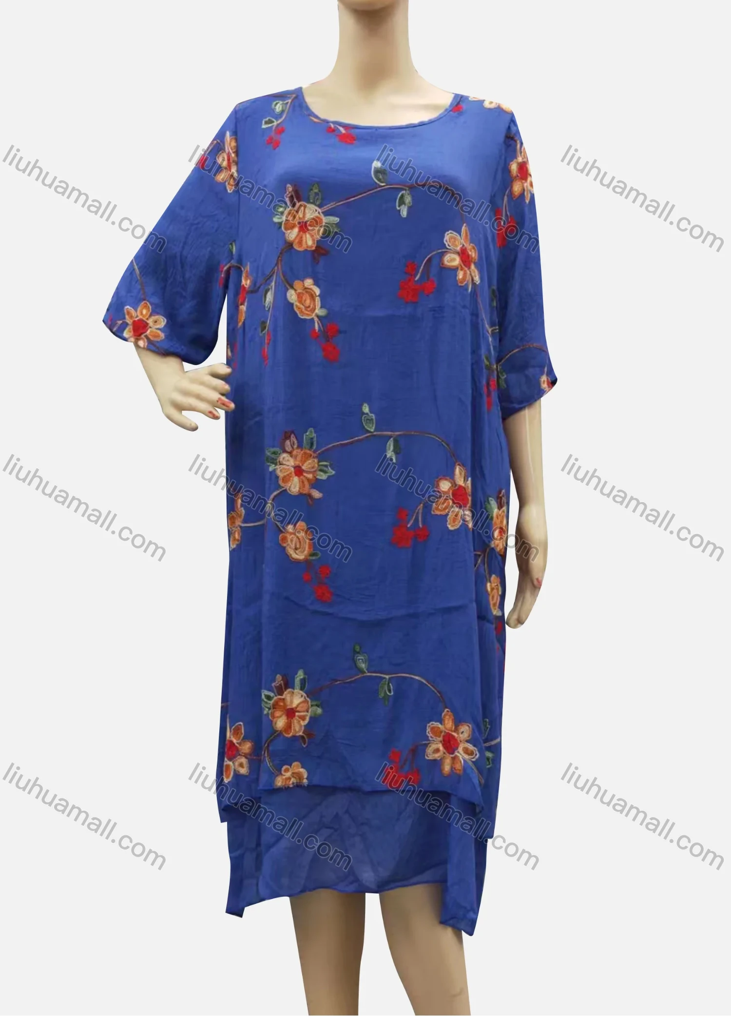 Wholesale Women's Casual Crew Neck Half Sleeve Floral Print Tiered Midi Dress - Liuhuamall