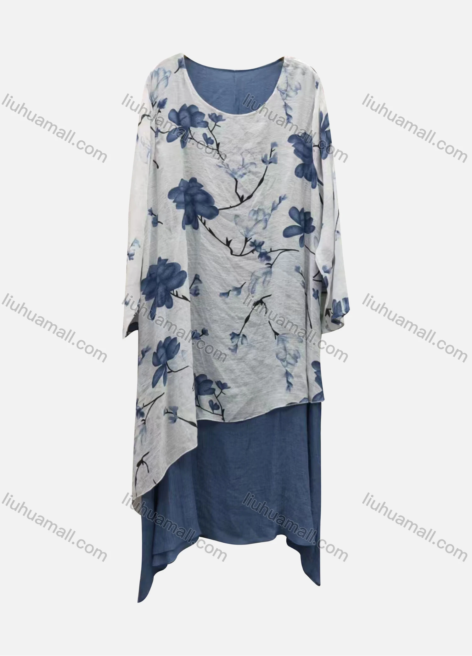 Wholesale Women's Casual Crew Neck Long Sleeve Floral Print Midi Dress - Liuhuamall