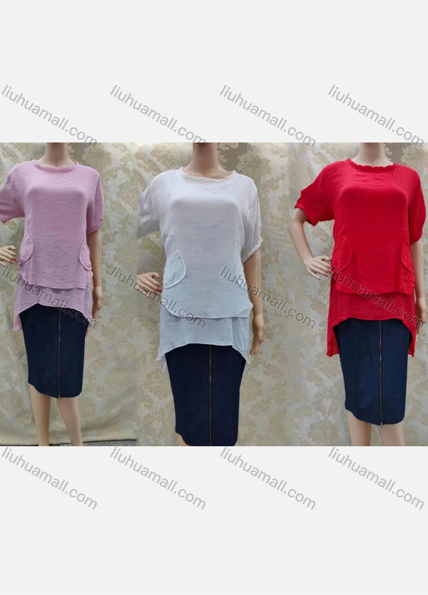 Wholesale Women's Casual Crew Neck Short Sleeve Patch Pockets Plain Blouse - Liuhuamall