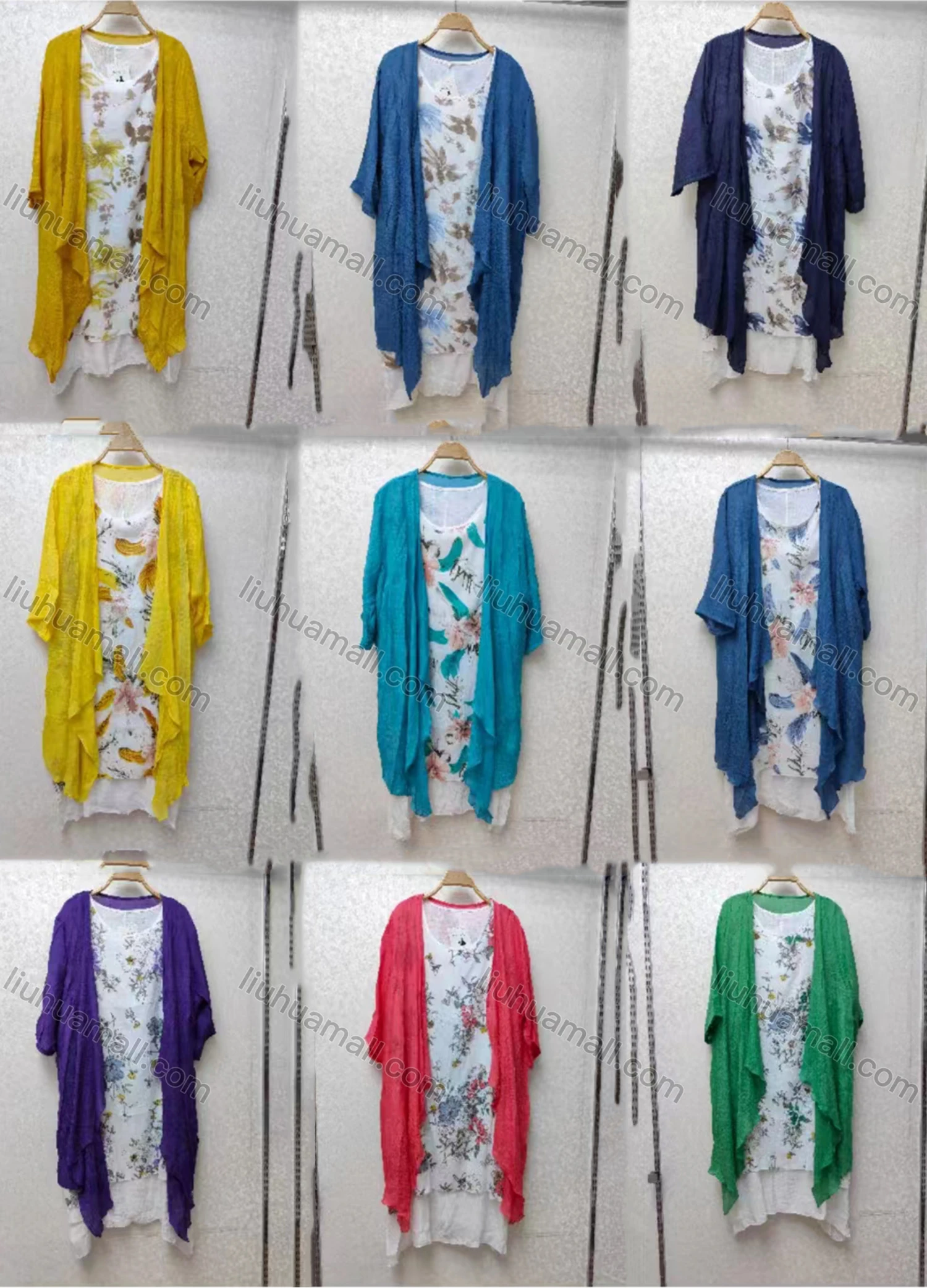 Wholesale Women's Elegant Crew Neck Floral Print Midi Dress & Cardigan Set - Liuhuamall