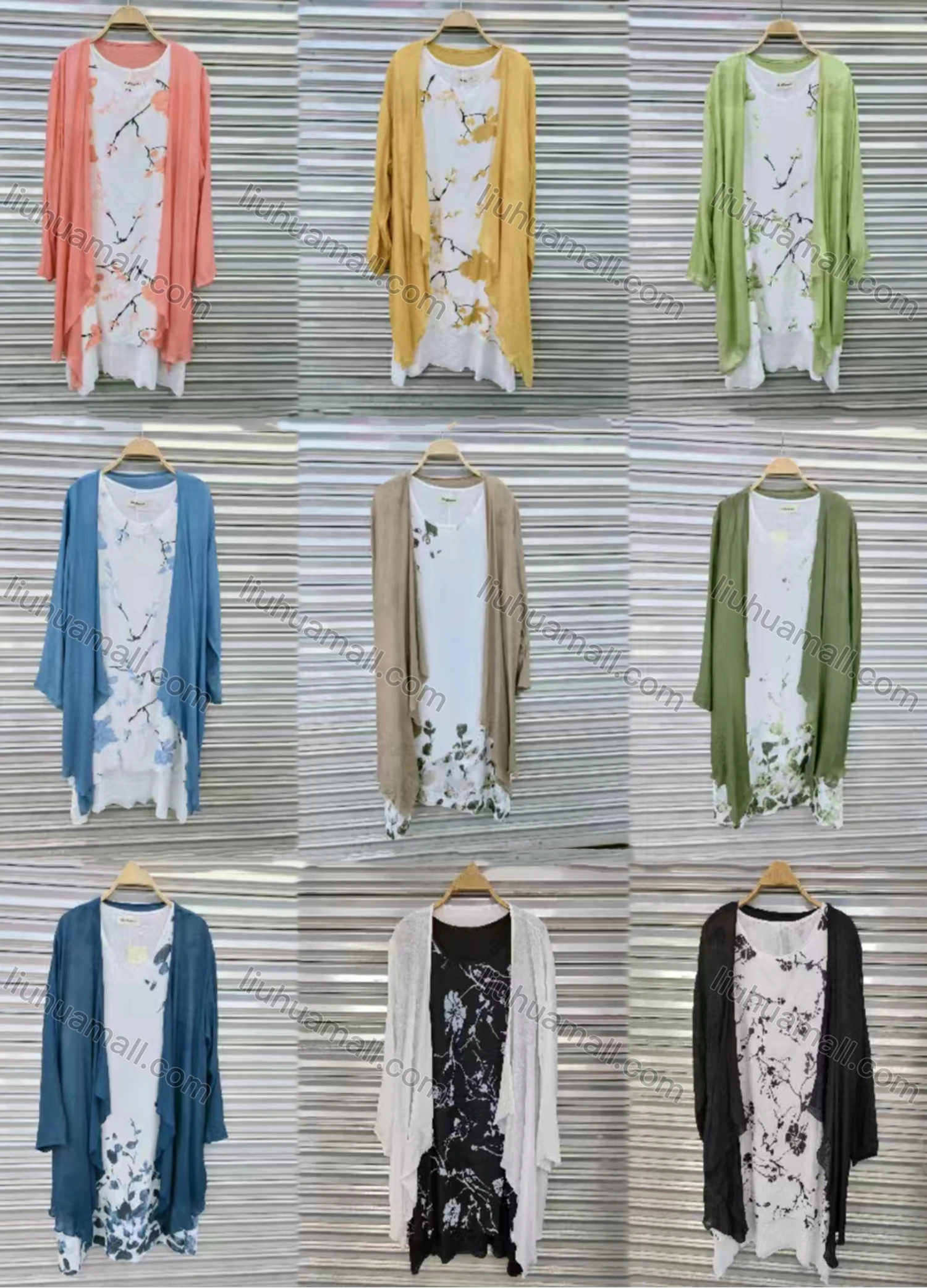 Wholesale Women's Elegant Crew Neck Floral Print Midi Dress & Cardigan Set - Liuhuamall