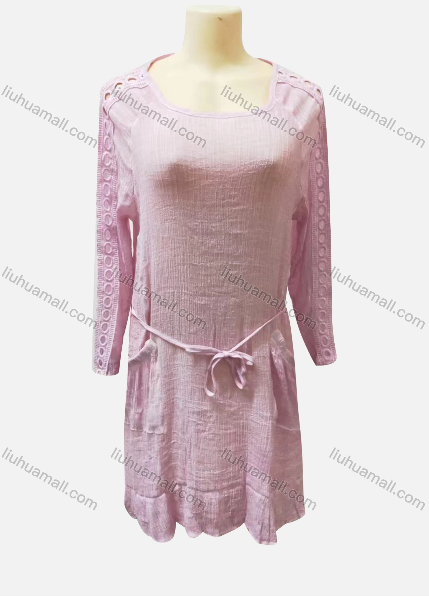 Wholesale Women's Casual Long Sleeve Lace Up Hollow Out Midi Dress - Liuhuamall