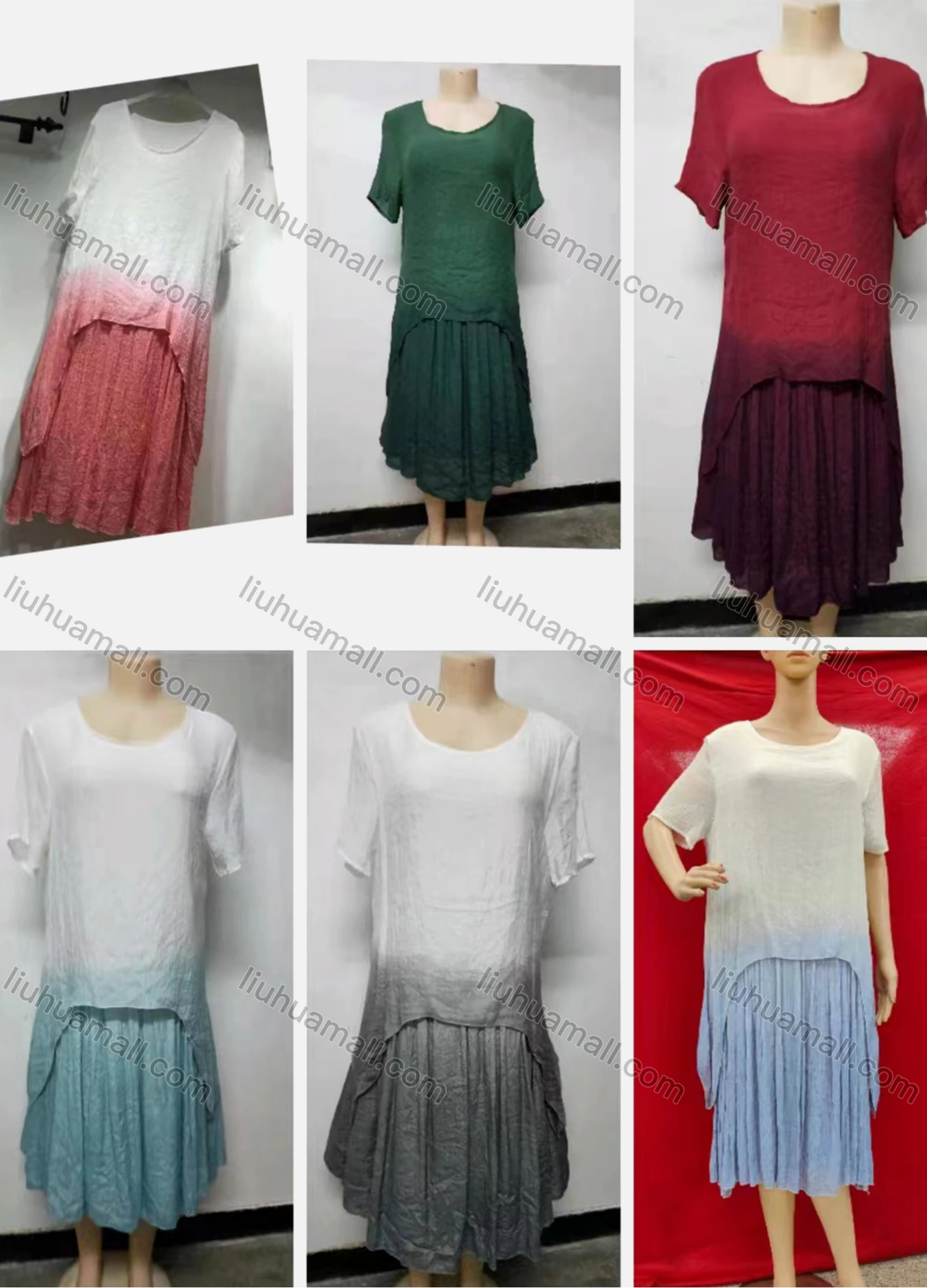 Wholesale Women's Casual Crew Neck Short Sleeve Ombre Midi Dress - Liuhuamall