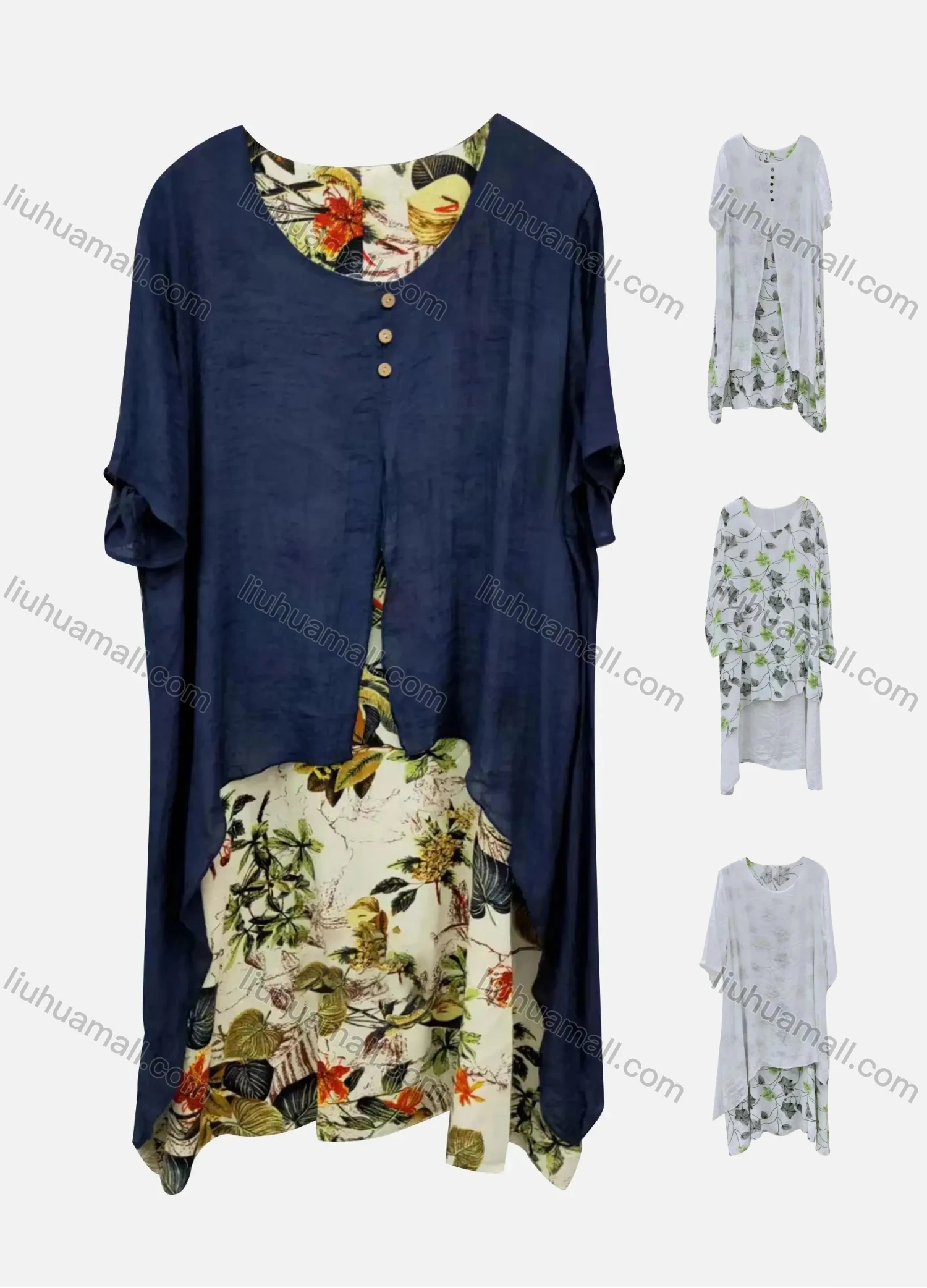 Wholesale Women's Casual Crew Neck Short Sleeve Button Decor Midi Dress - Liuhuamall
