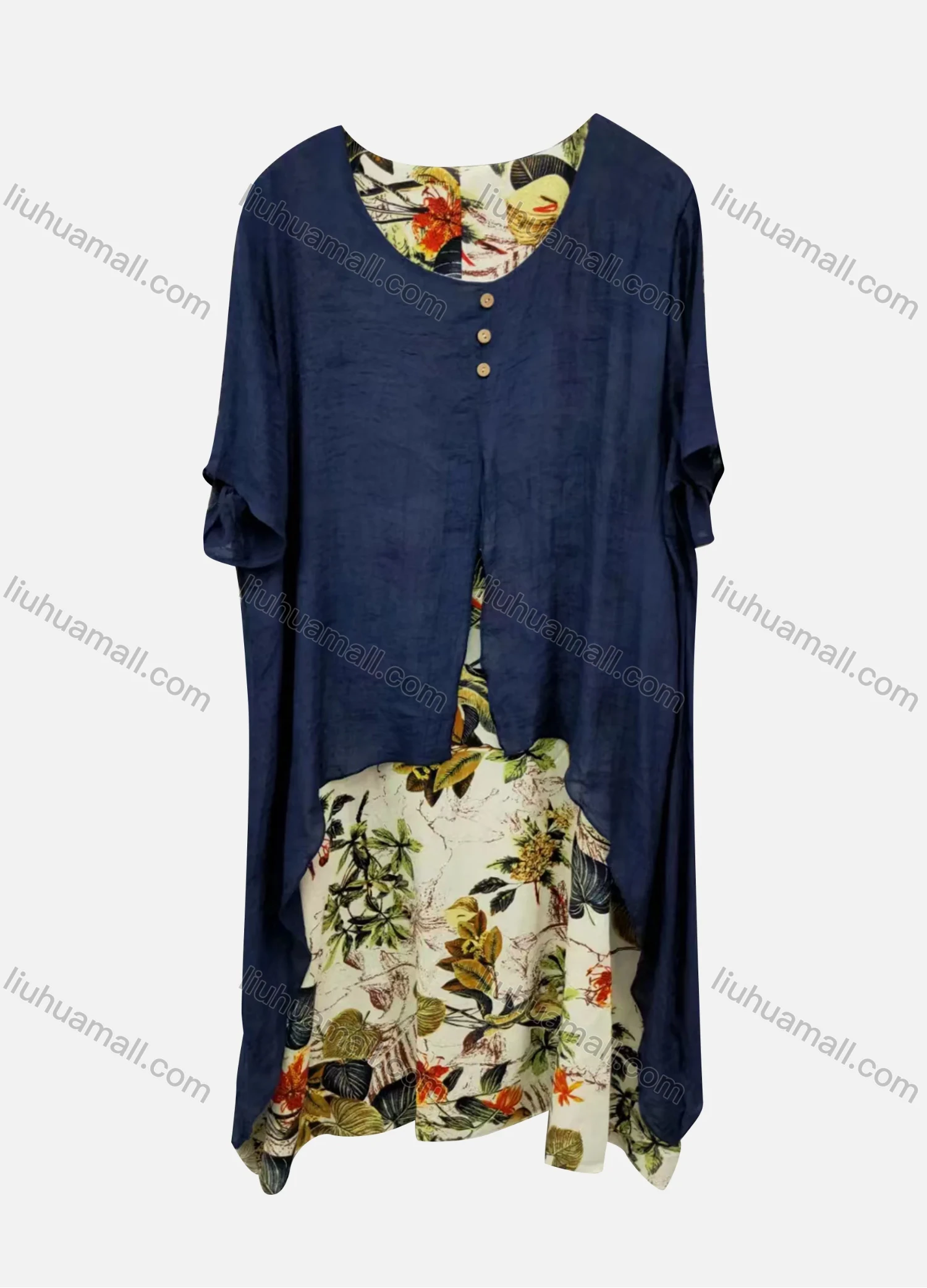 Wholesale Women's Casual Crew Neck Short Sleeve Button Decor Midi Dress - Liuhuamall
